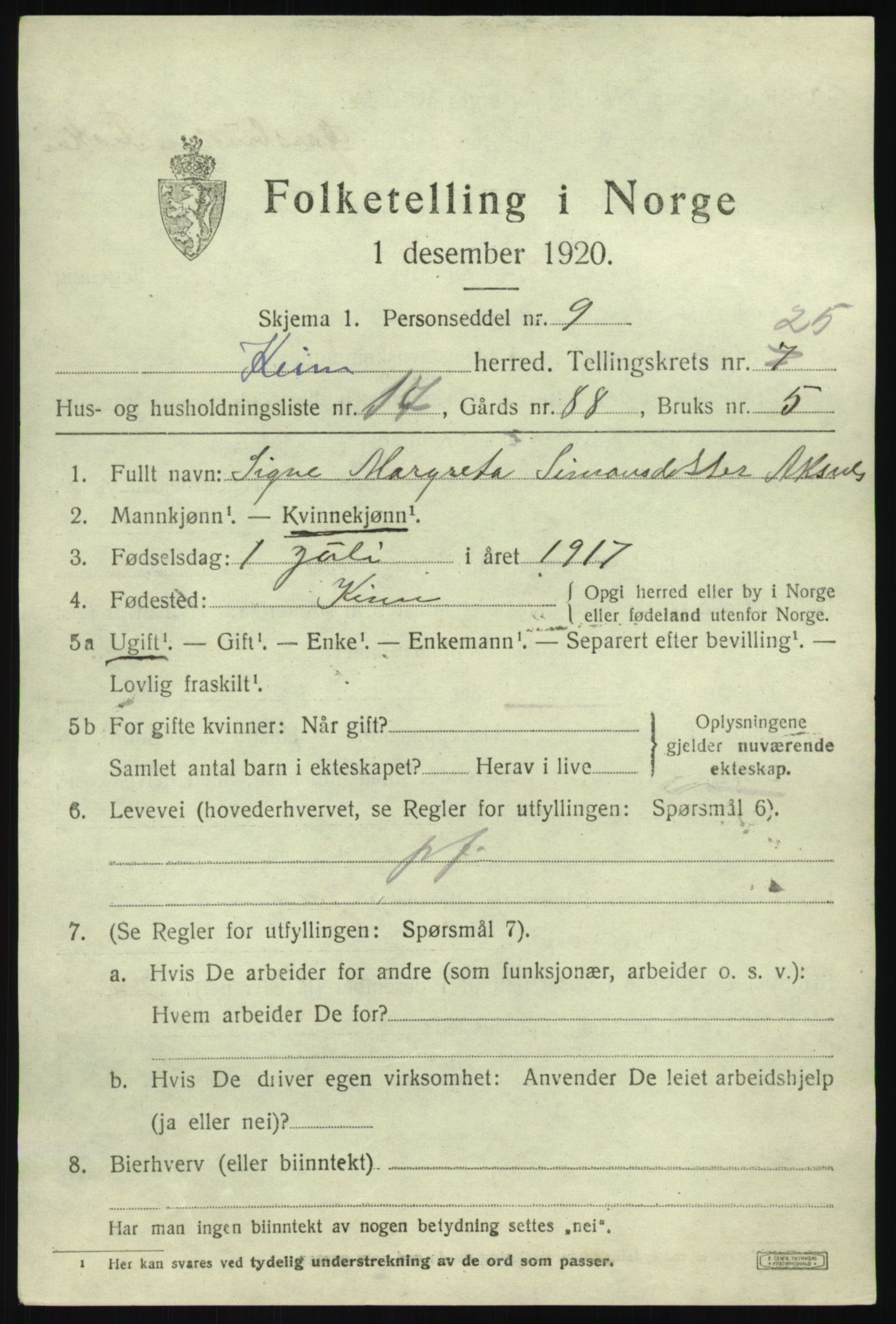 SAB, 1920 census for Kinn, 1920, p. 8881