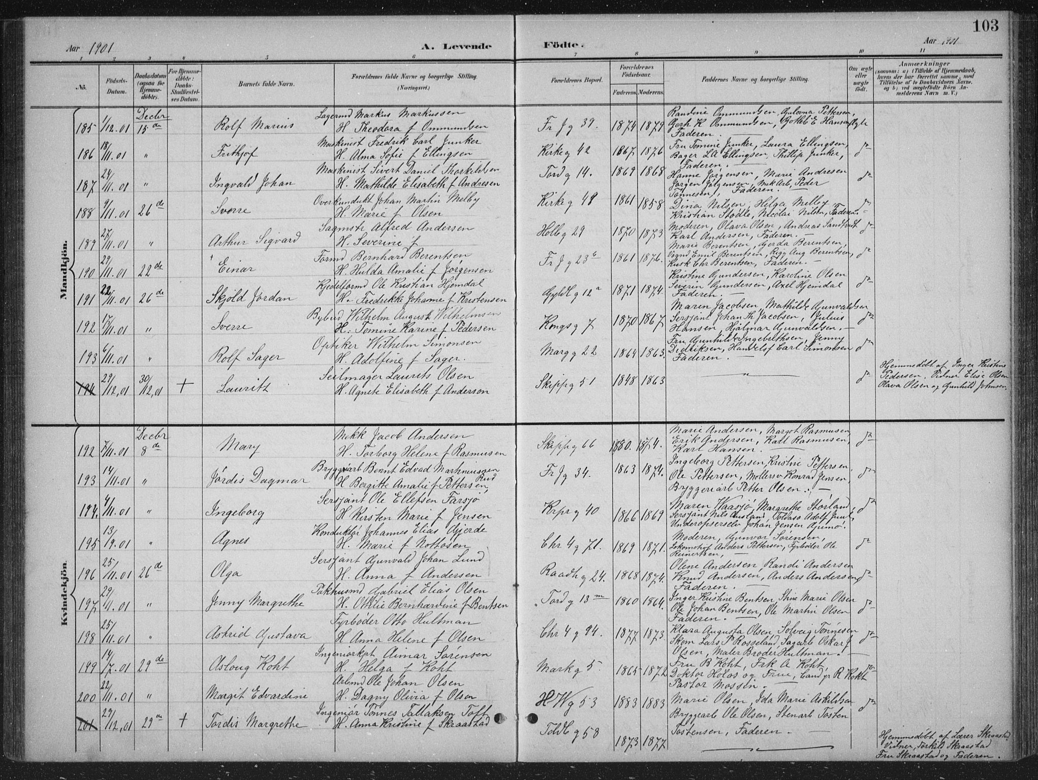 Kristiansand domprosti, SAK/1112-0006/F/Fb/L0018: Parish register (copy) no. B 18, 1896-1905, p. 103
