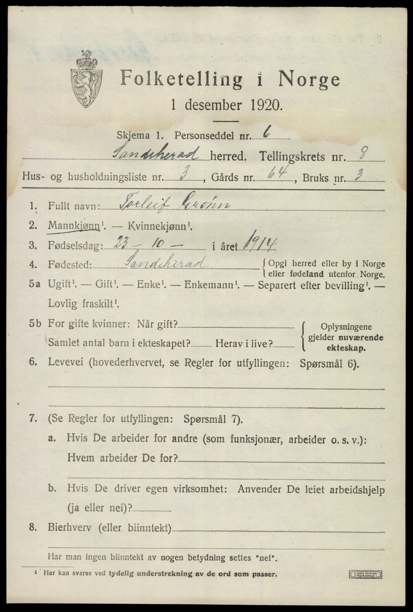 SAKO, 1920 census for Sandeherred, 1920, p. 12746