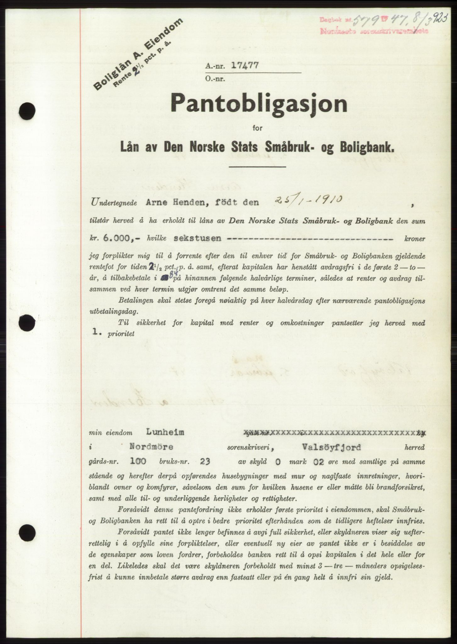 Nordmøre sorenskriveri, AV/SAT-A-4132/1/2/2Ca: Mortgage book no. B95, 1946-1947, Diary no: : 579/1947