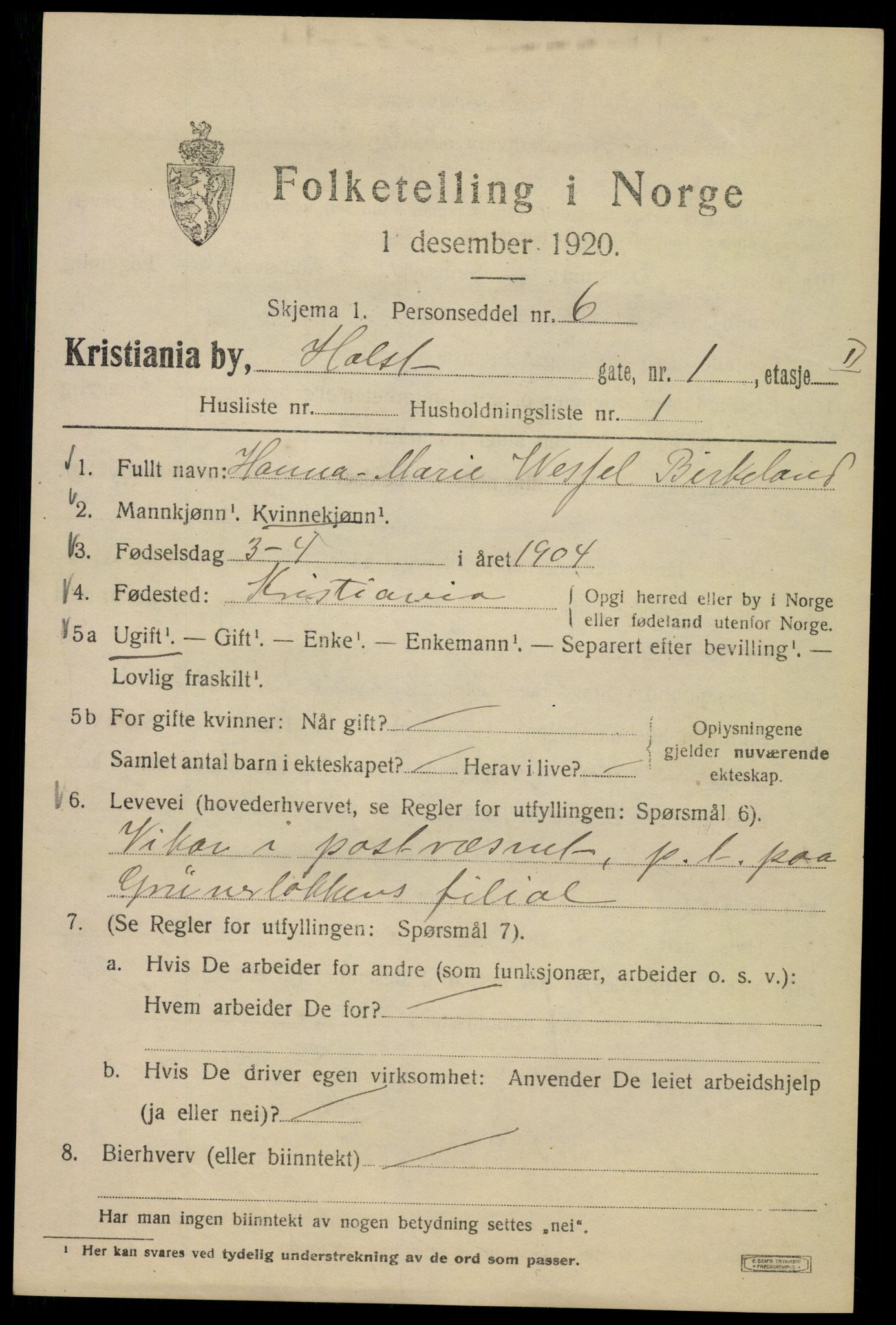 SAO, 1920 census for Kristiania, 1920, p. 296987