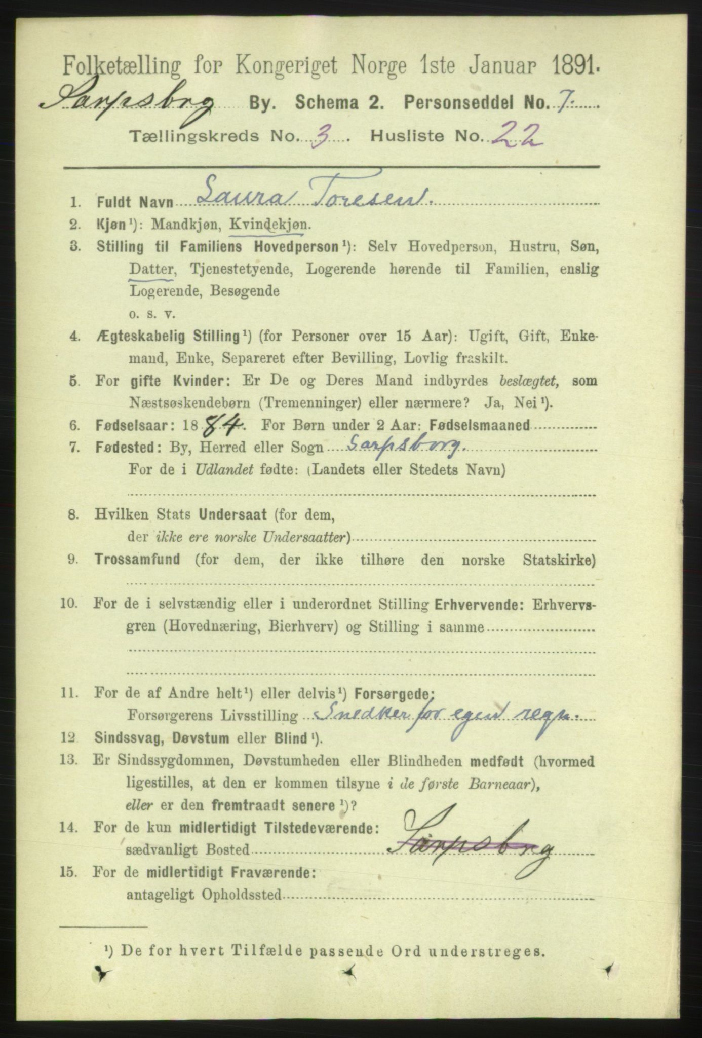 RA, 1891 census for 0102 Sarpsborg, 1891, p. 2651
