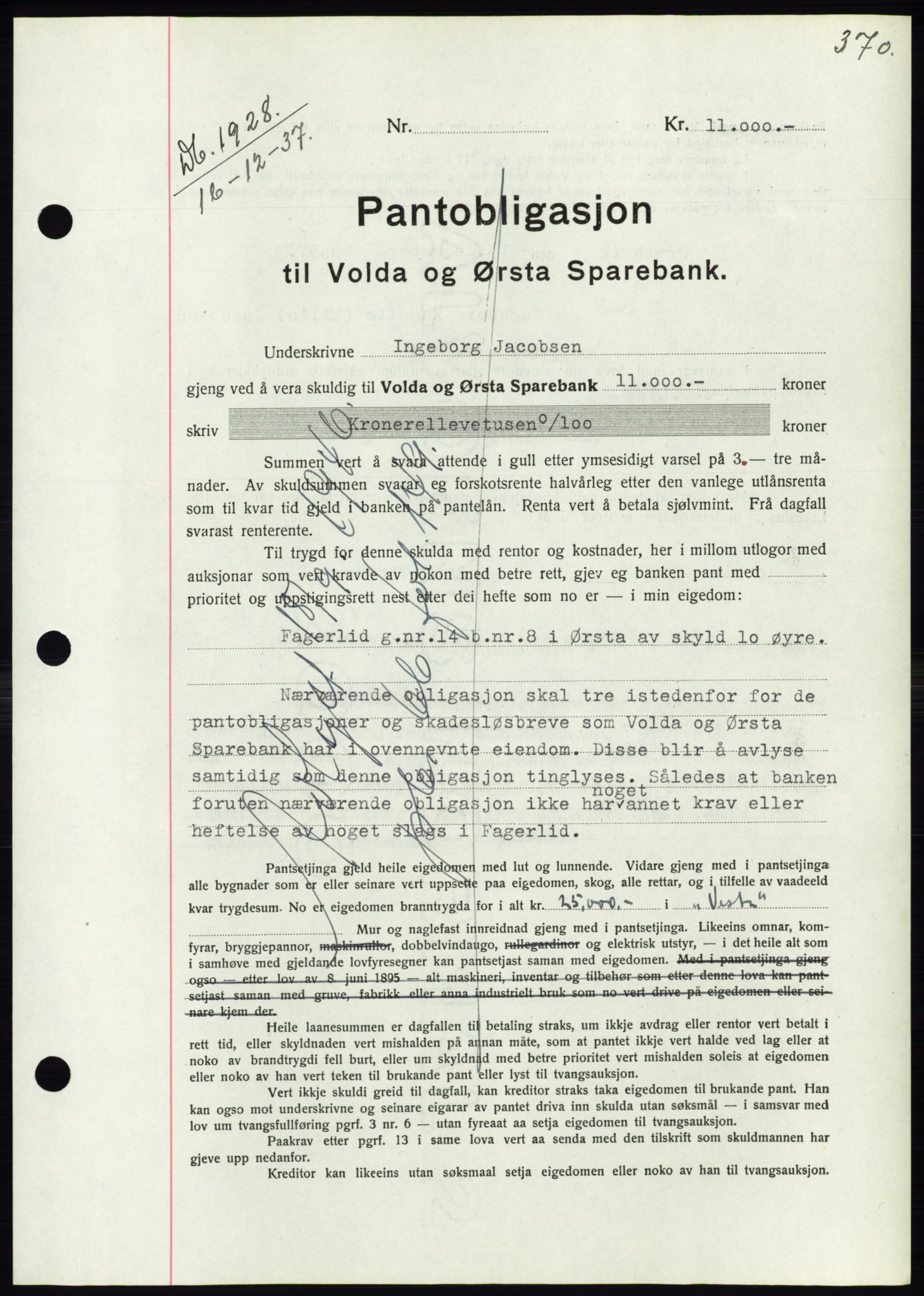 Søre Sunnmøre sorenskriveri, AV/SAT-A-4122/1/2/2C/L0064: Mortgage book no. 58, 1937-1938, Diary no: : 1828/1937