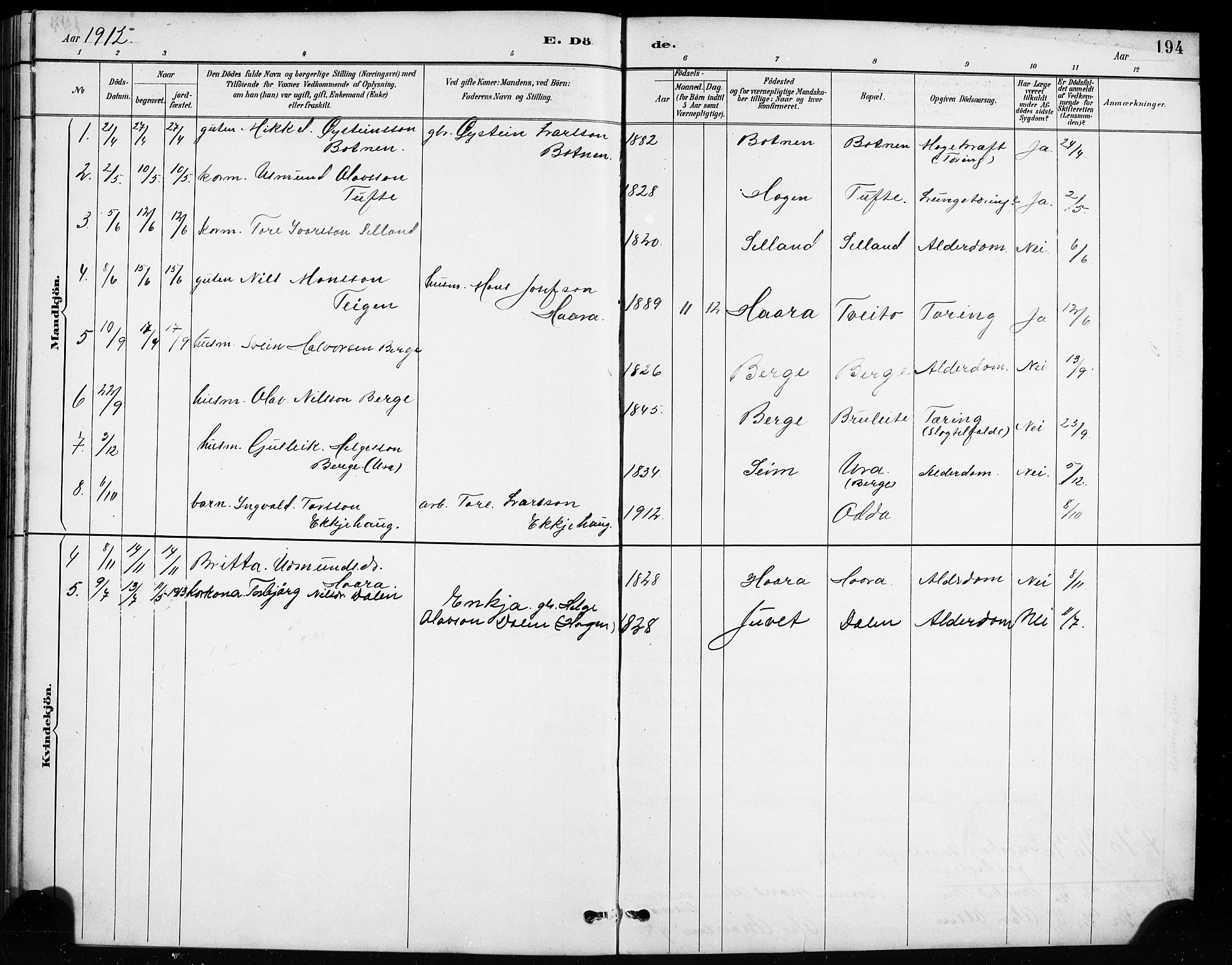 Røldal sokneprestembete, SAB/A-100247: Parish register (copy) no. A 3, 1887-1917, p. 194