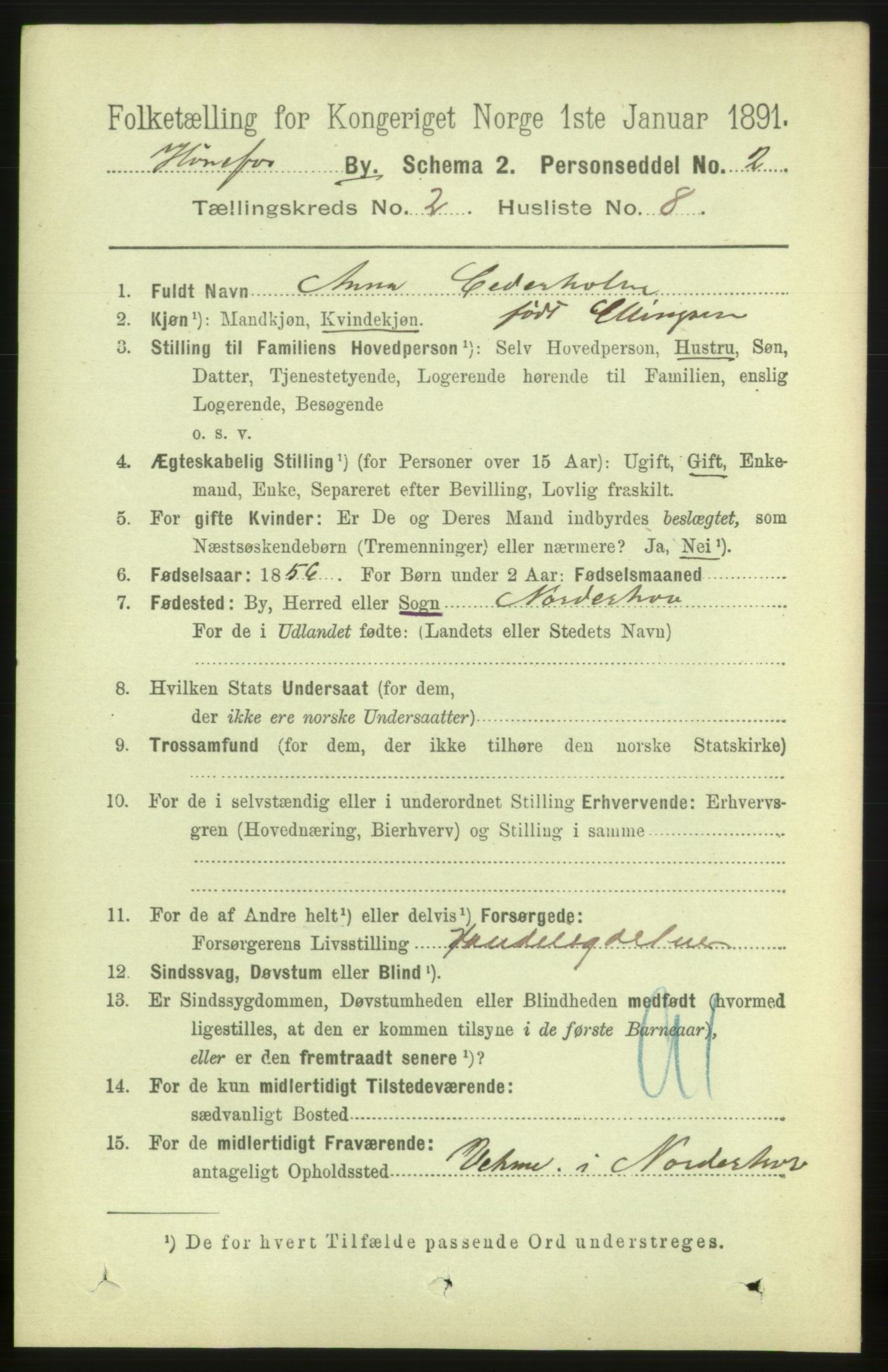 RA, 1891 census for 0601 Hønefoss, 1891, p. 634