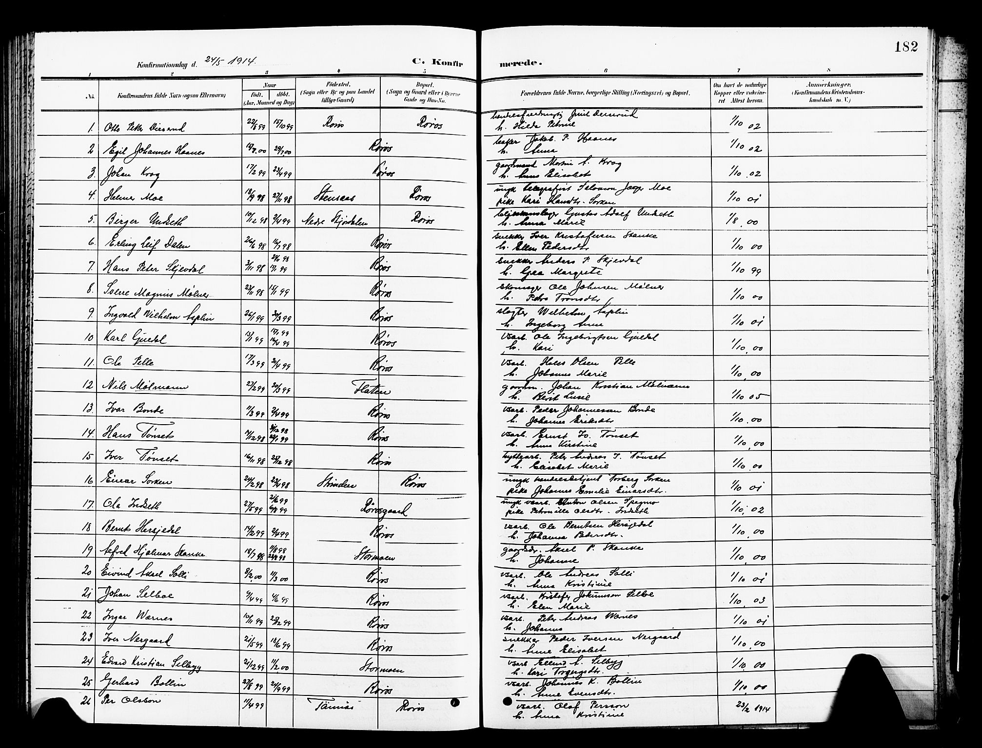 Ministerialprotokoller, klokkerbøker og fødselsregistre - Sør-Trøndelag, SAT/A-1456/681/L0942: Parish register (copy) no. 681C06, 1906-1925, p. 182