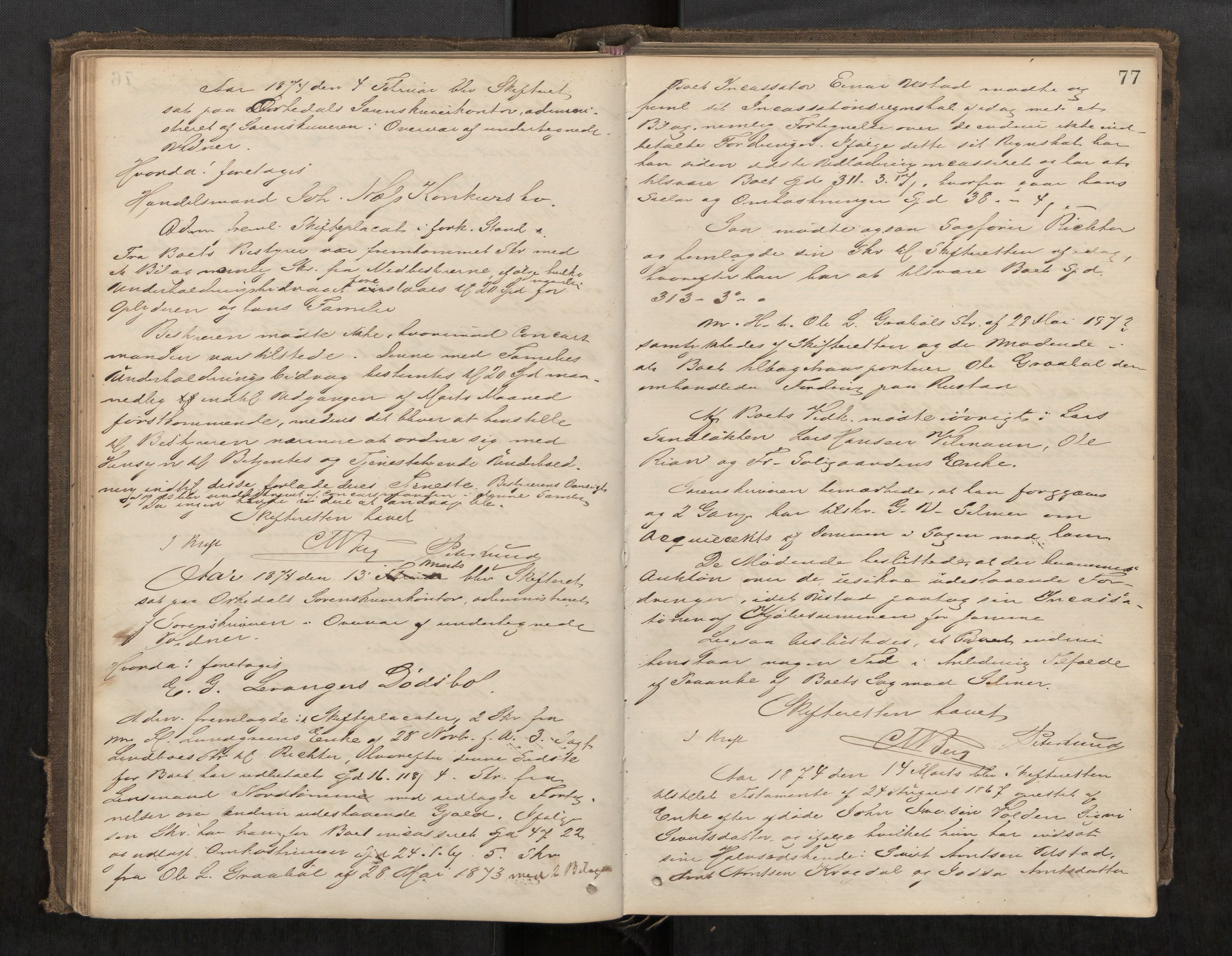 Orkdal sorenskriveri, AV/SAT-A-4169/1/3/3B/L0006: Skiftebehandlingsprotokoll, 1870-1885, p. 76b-77a