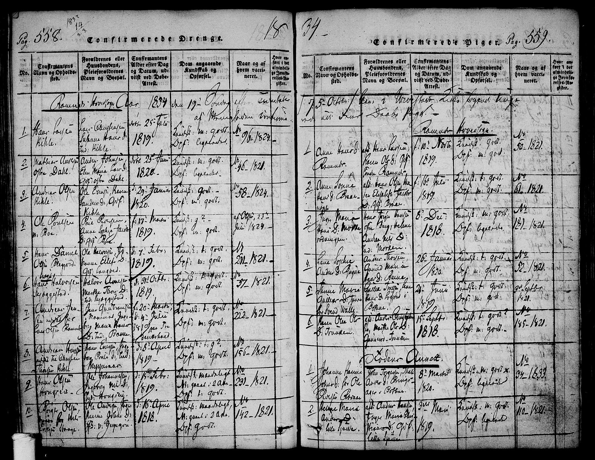 Ramnes kirkebøker, AV/SAKO-A-314/F/Fa/L0004: Parish register (official) no. I 4, 1813-1840, p. 558-559