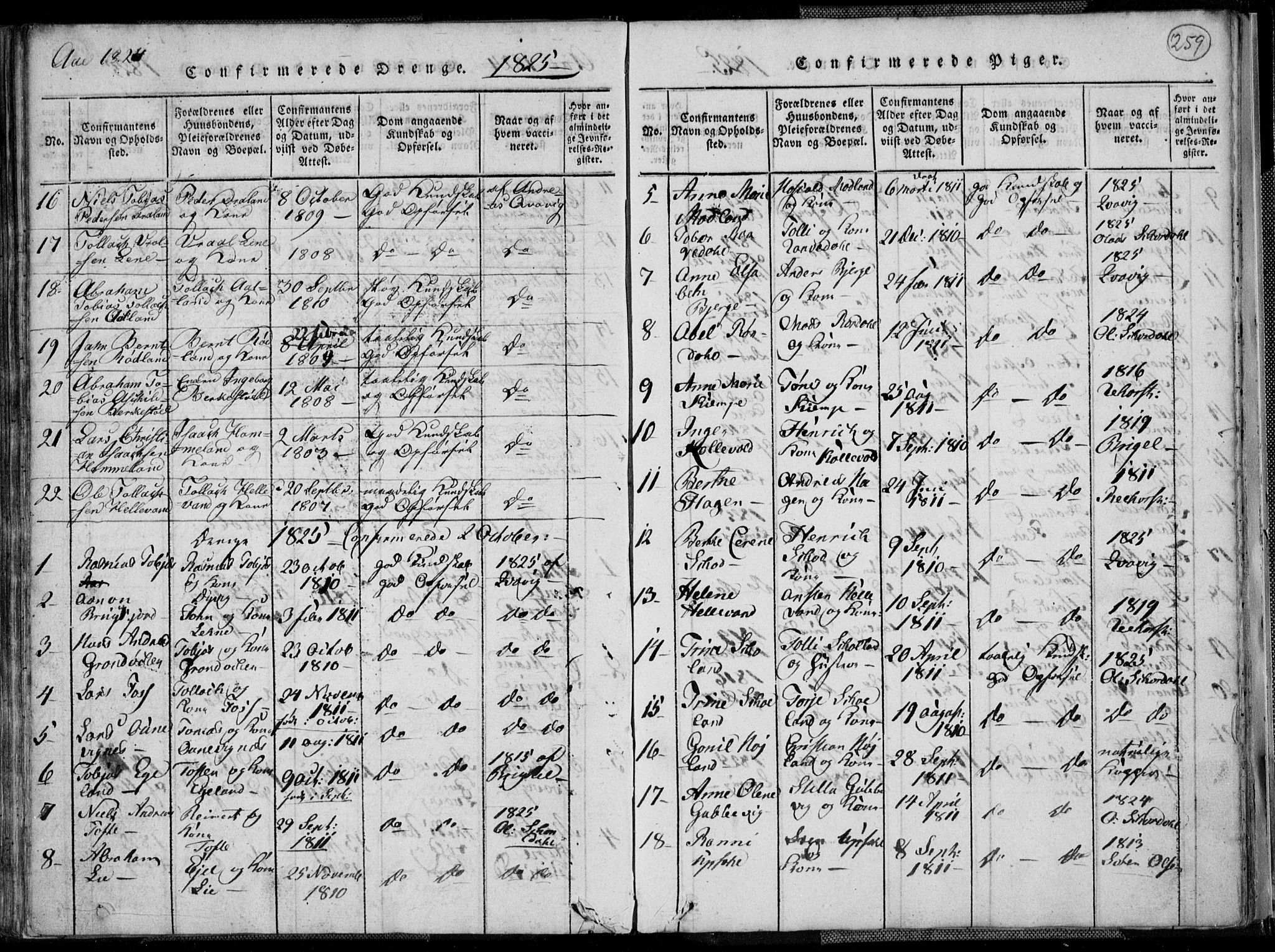 Lyngdal sokneprestkontor, AV/SAK-1111-0029/F/Fa/Fac/L0006: Parish register (official) no. A 6, 1815-1825, p. 259