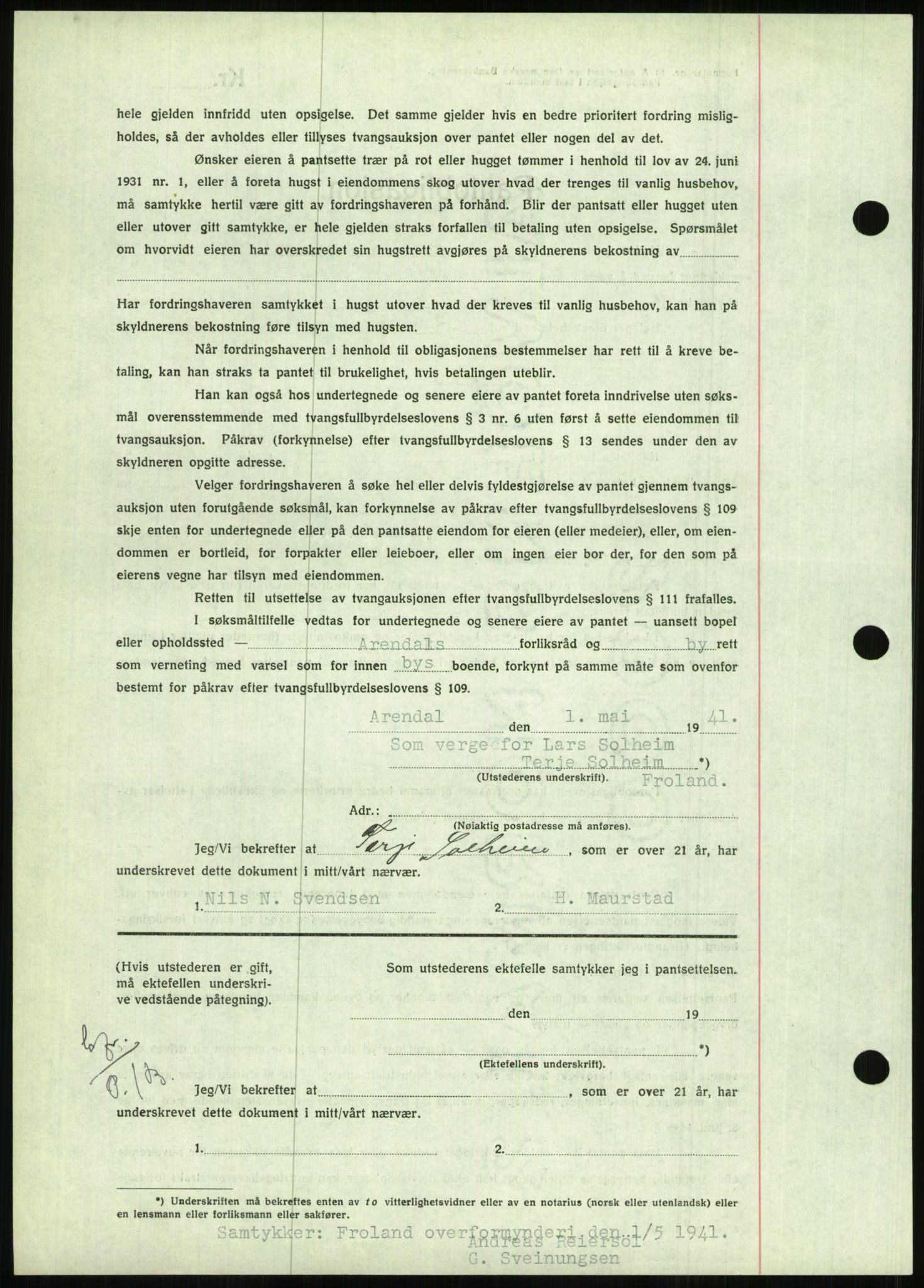 Nedenes sorenskriveri, AV/SAK-1221-0006/G/Gb/Gbb/L0001: Mortgage book no. I, 1939-1942, Diary no: : 308/1941