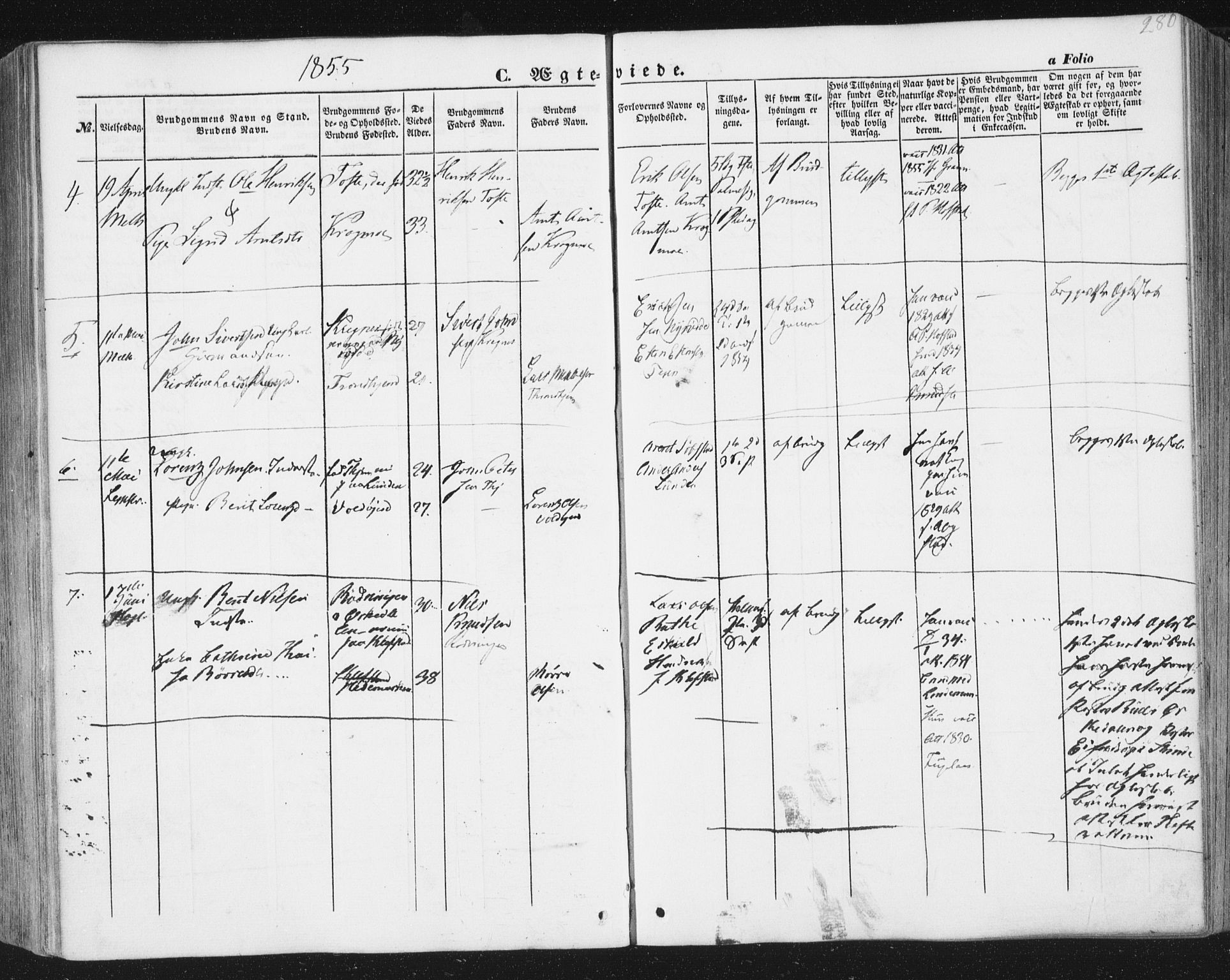 Ministerialprotokoller, klokkerbøker og fødselsregistre - Sør-Trøndelag, SAT/A-1456/691/L1076: Parish register (official) no. 691A08, 1852-1861, p. 280