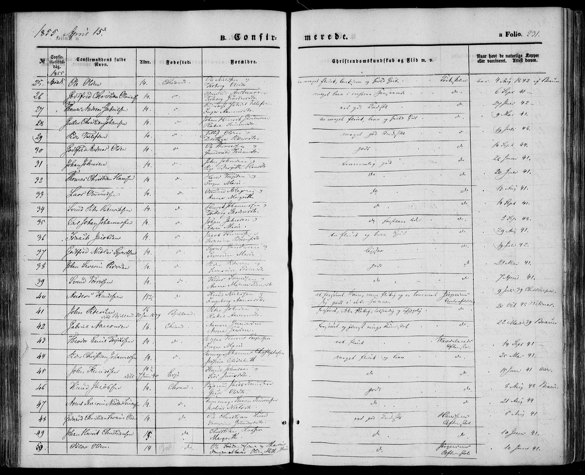Kristiansand domprosti, SAK/1112-0006/F/Fa/L0014: Parish register (official) no. A 14, 1852-1867, p. 231