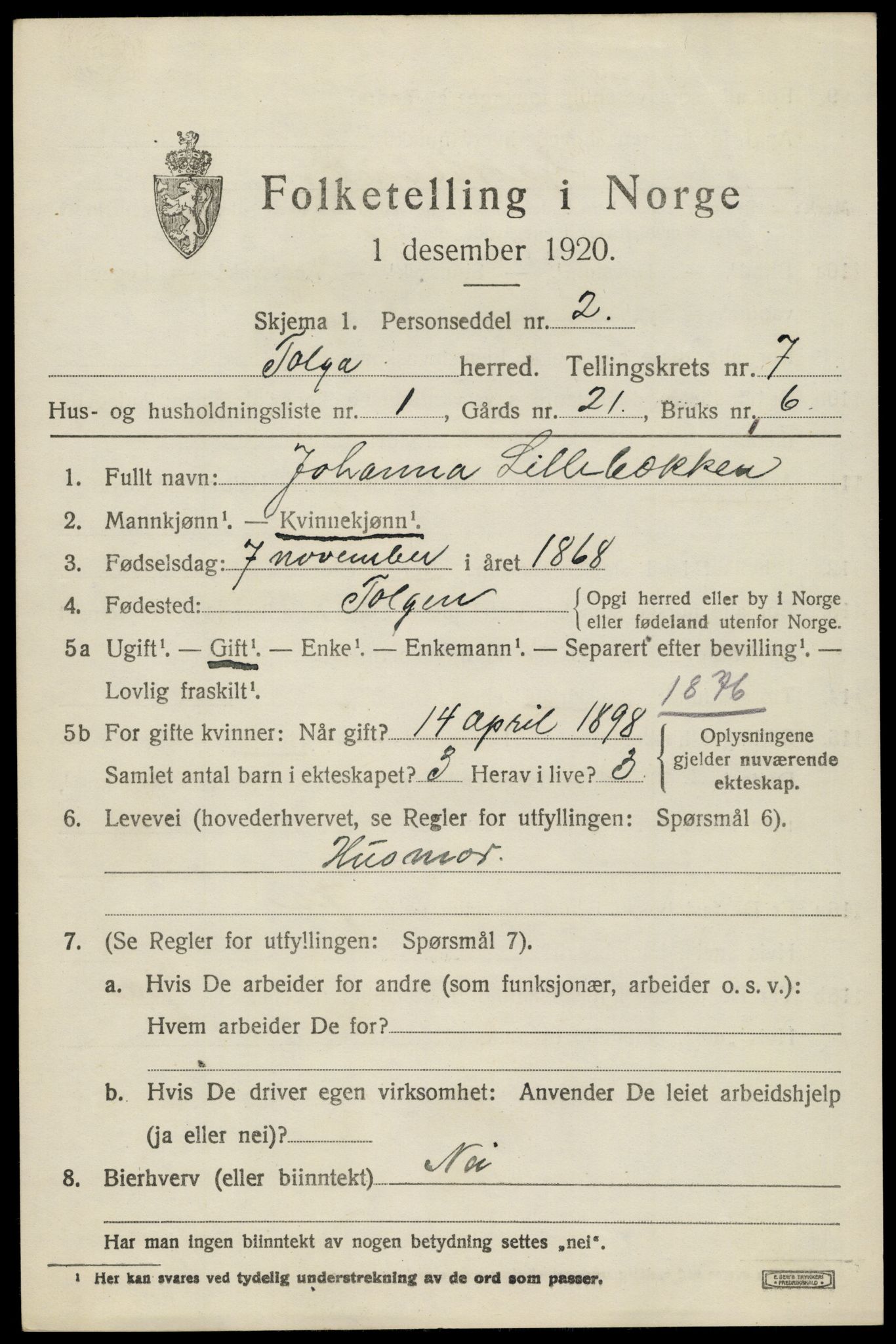 SAH, 1920 census for Tolga, 1920, p. 3917