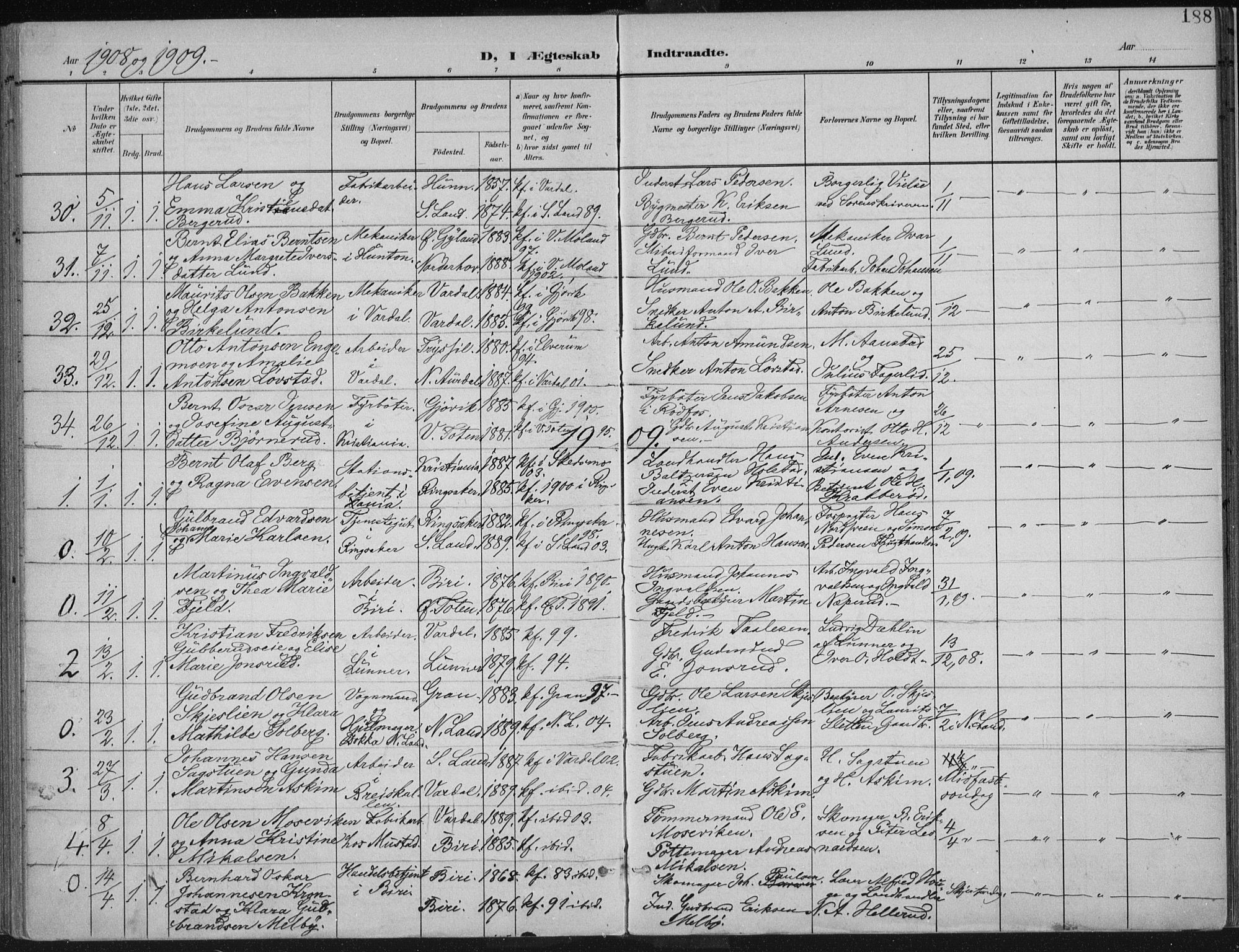 Vardal prestekontor, SAH/PREST-100/H/Ha/Haa/L0013: Parish register (official) no. 13, 1901-1911, p. 188