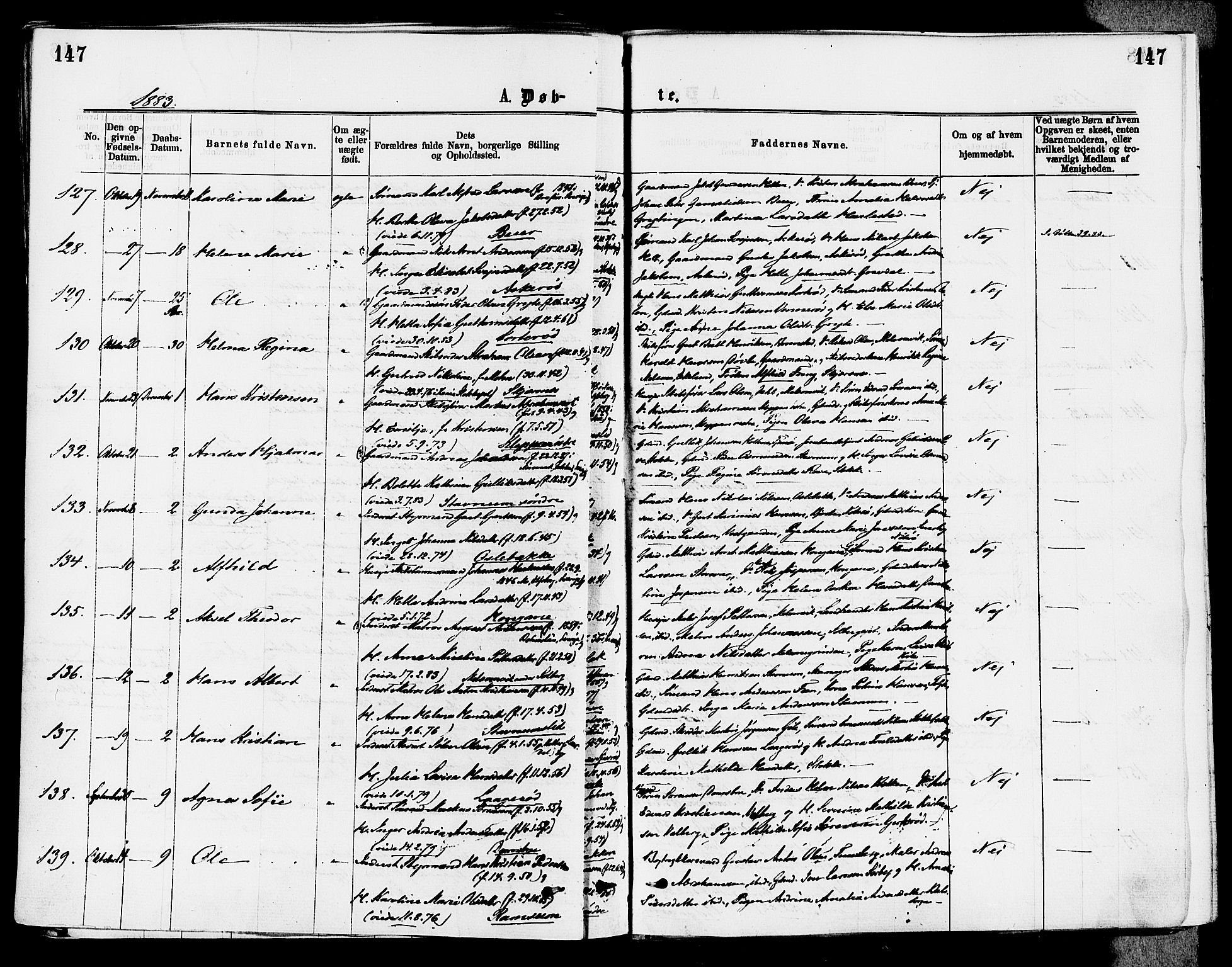 Stokke kirkebøker, AV/SAKO-A-320/F/Fa/L0009: Parish register (official) no. I 9, 1872-1883, p. 147