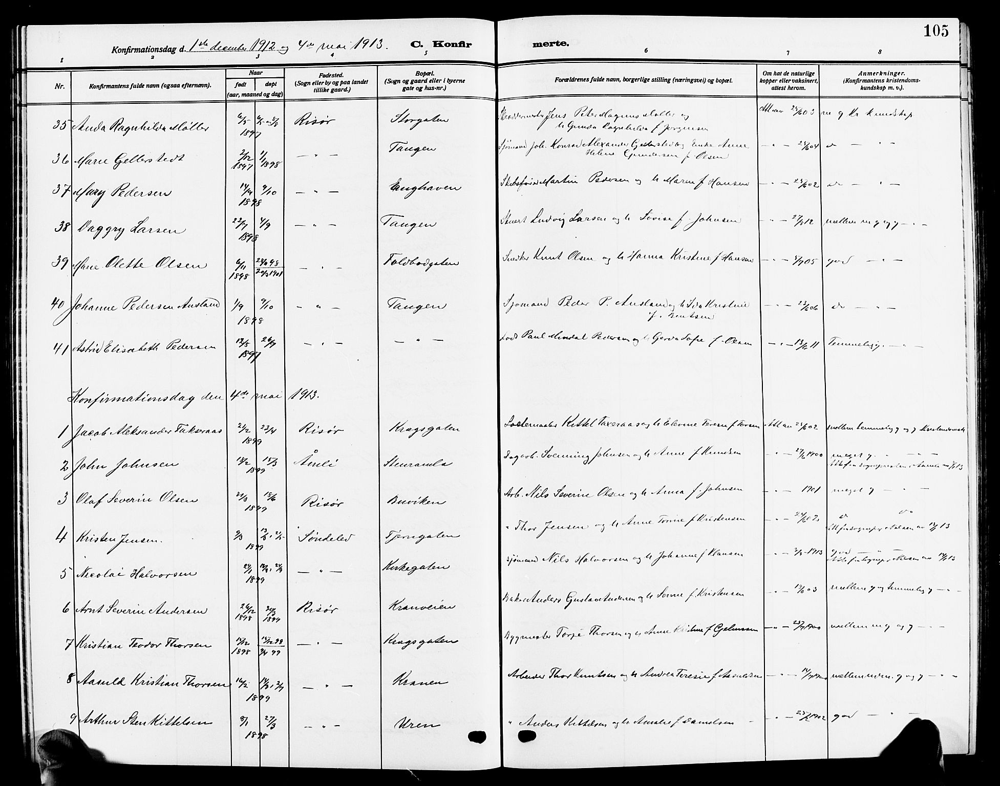 Risør sokneprestkontor, SAK/1111-0035/F/Fb/L0008: Parish register (copy) no. B 8, 1909-1921, p. 105