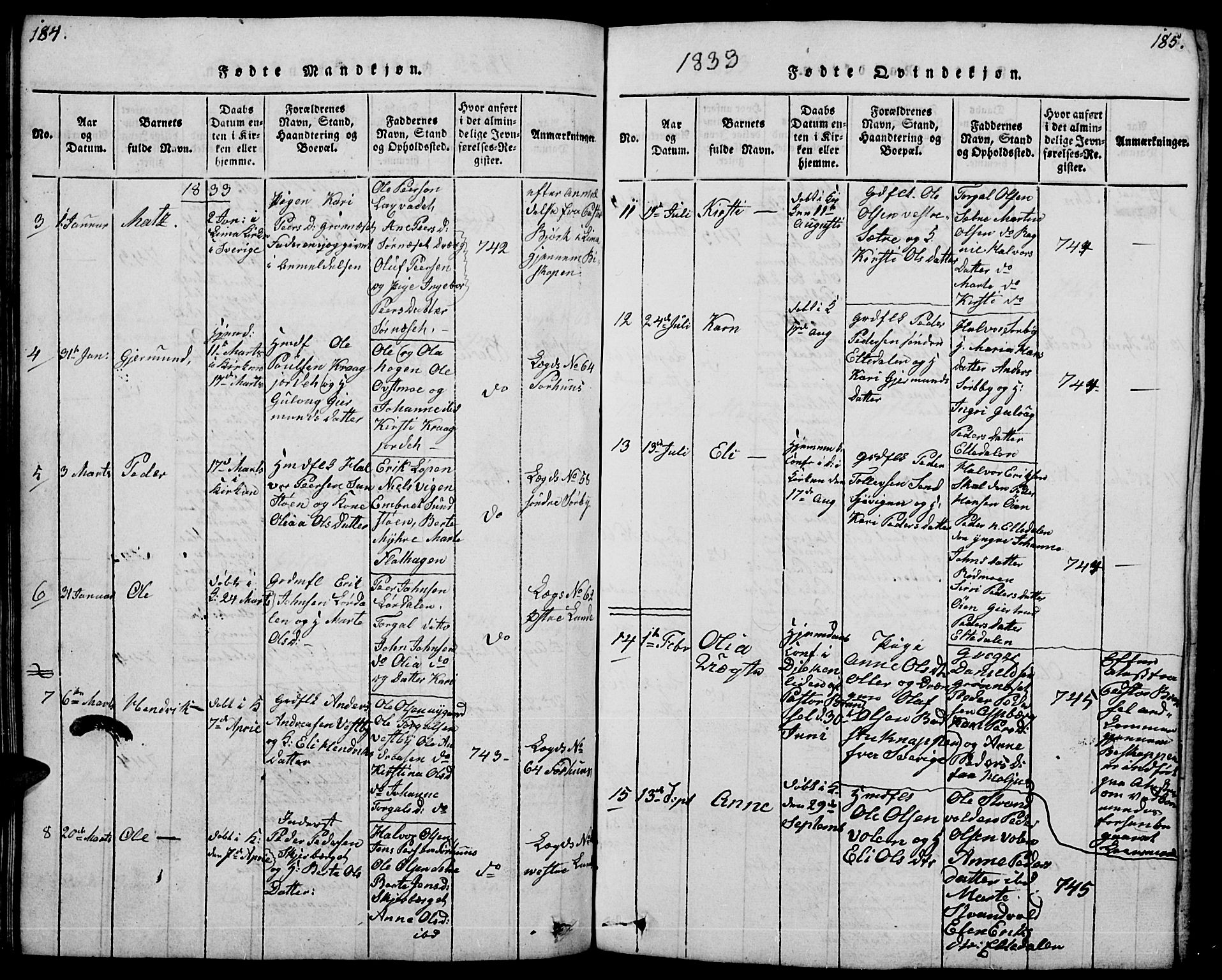 Trysil prestekontor, AV/SAH-PREST-046/H/Ha/Hab/L0004: Parish register (copy) no. 4, 1814-1841, p. 184-185