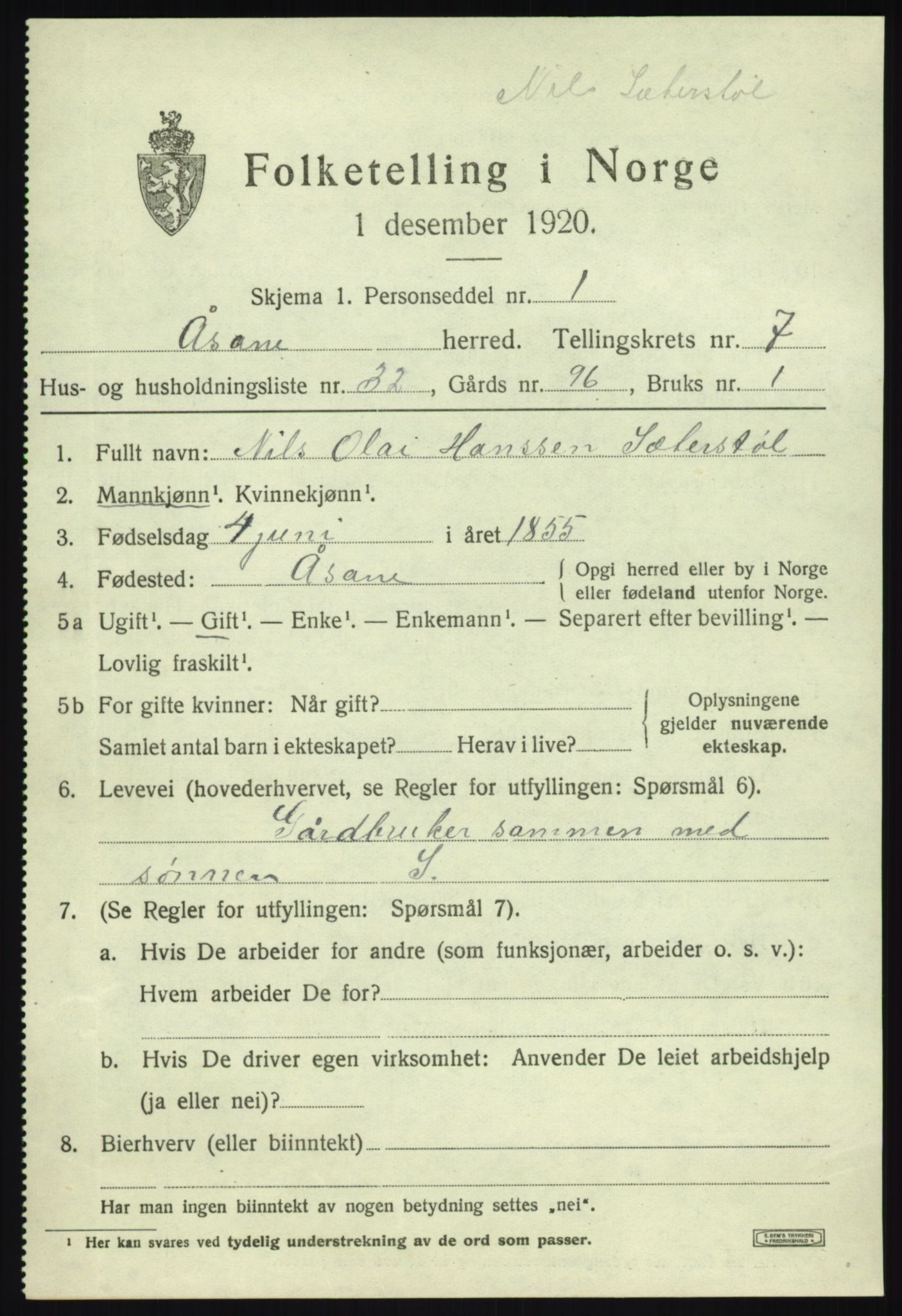 SAB, 1920 census for Åsane, 1920, p. 5461