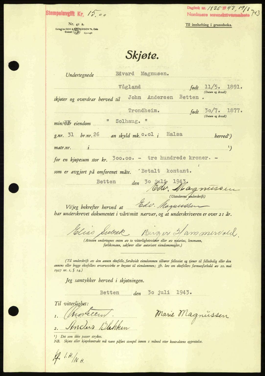 Nordmøre sorenskriveri, AV/SAT-A-4132/1/2/2Ca: Mortgage book no. A95, 1943-1943, Diary no: : 1835/1943