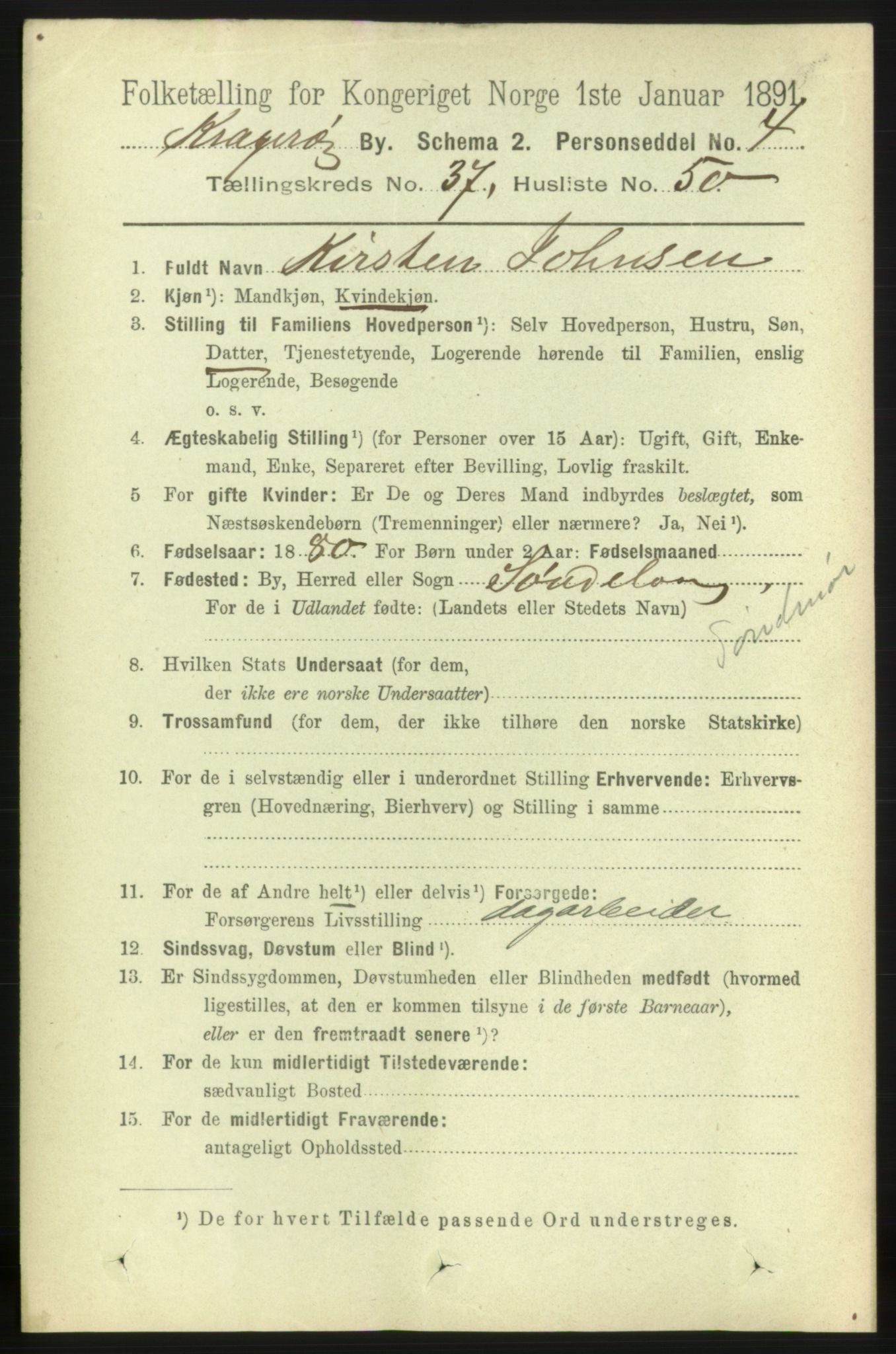 RA, 1891 census for 0801 Kragerø, 1891, p. 7087