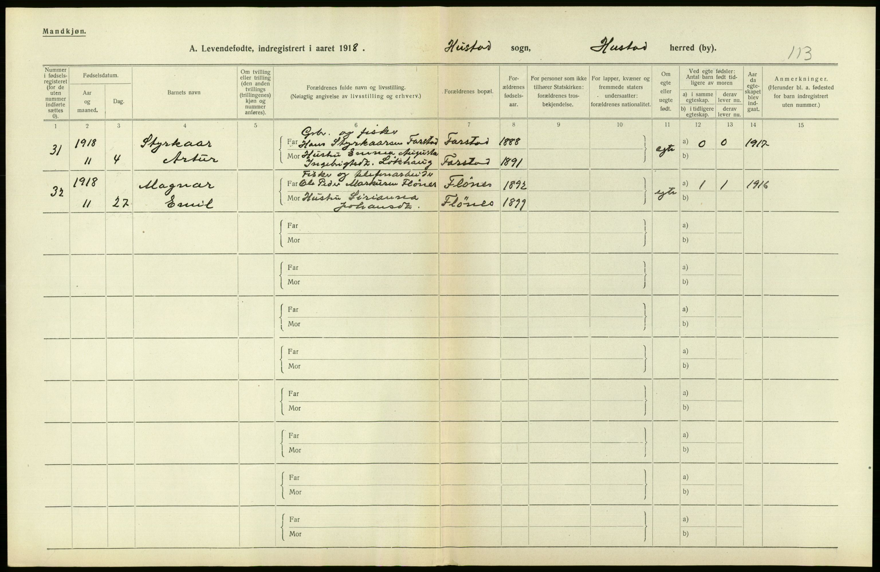 Statistisk sentralbyrå, Sosiodemografiske emner, Befolkning, RA/S-2228/D/Df/Dfb/Dfbh/L0043: Møre fylke: Levendefødte menn og kvinner. Bygder., 1918, p. 620