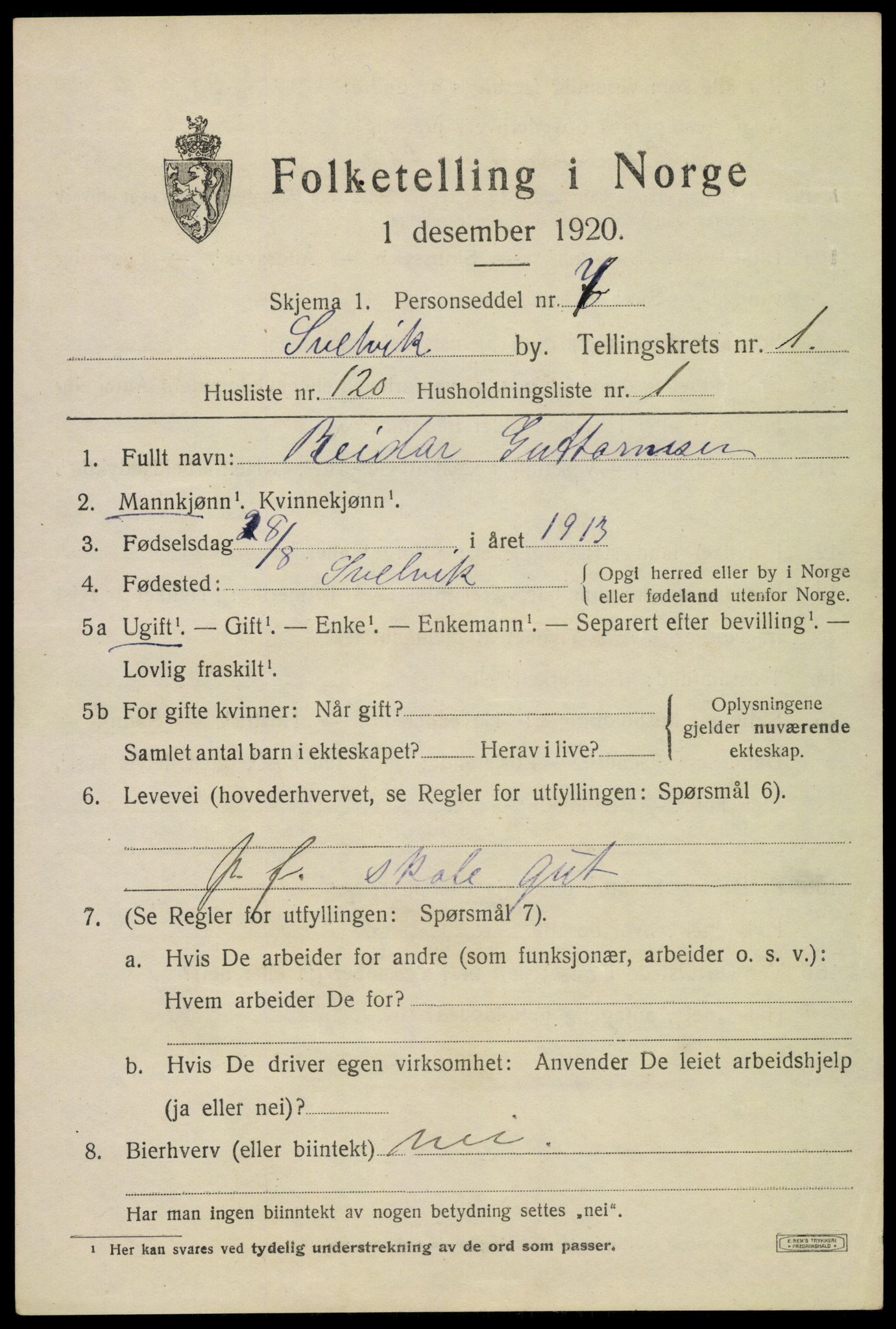 SAKO, 1920 census for Svelvik, 1920, p. 2485