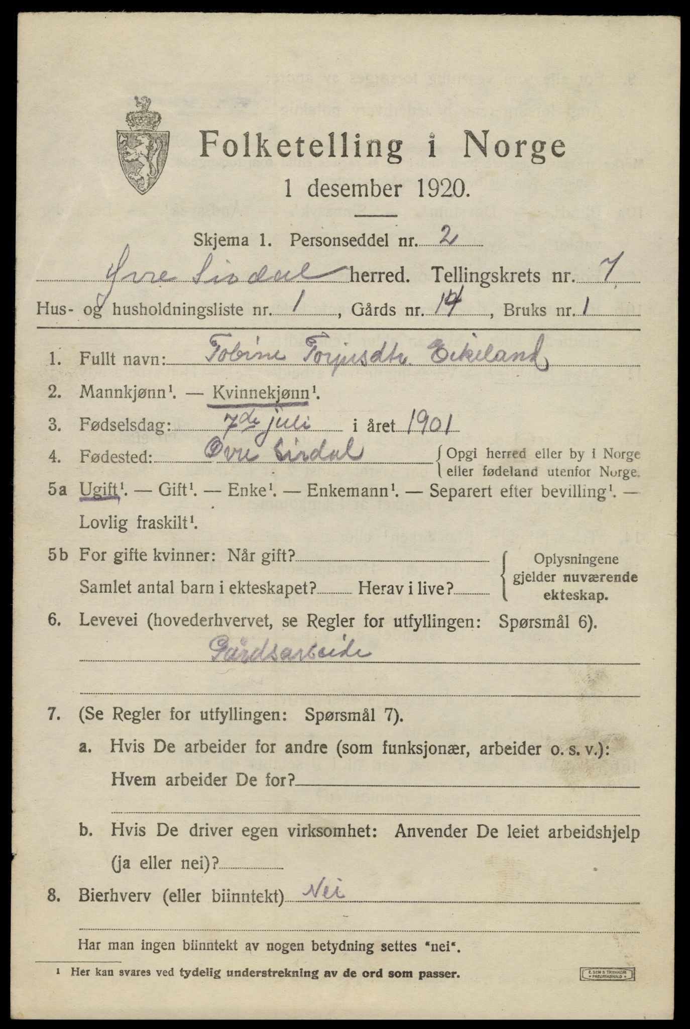 SAK, 1920 census for Øvre Sirdal, 1920, p. 1181