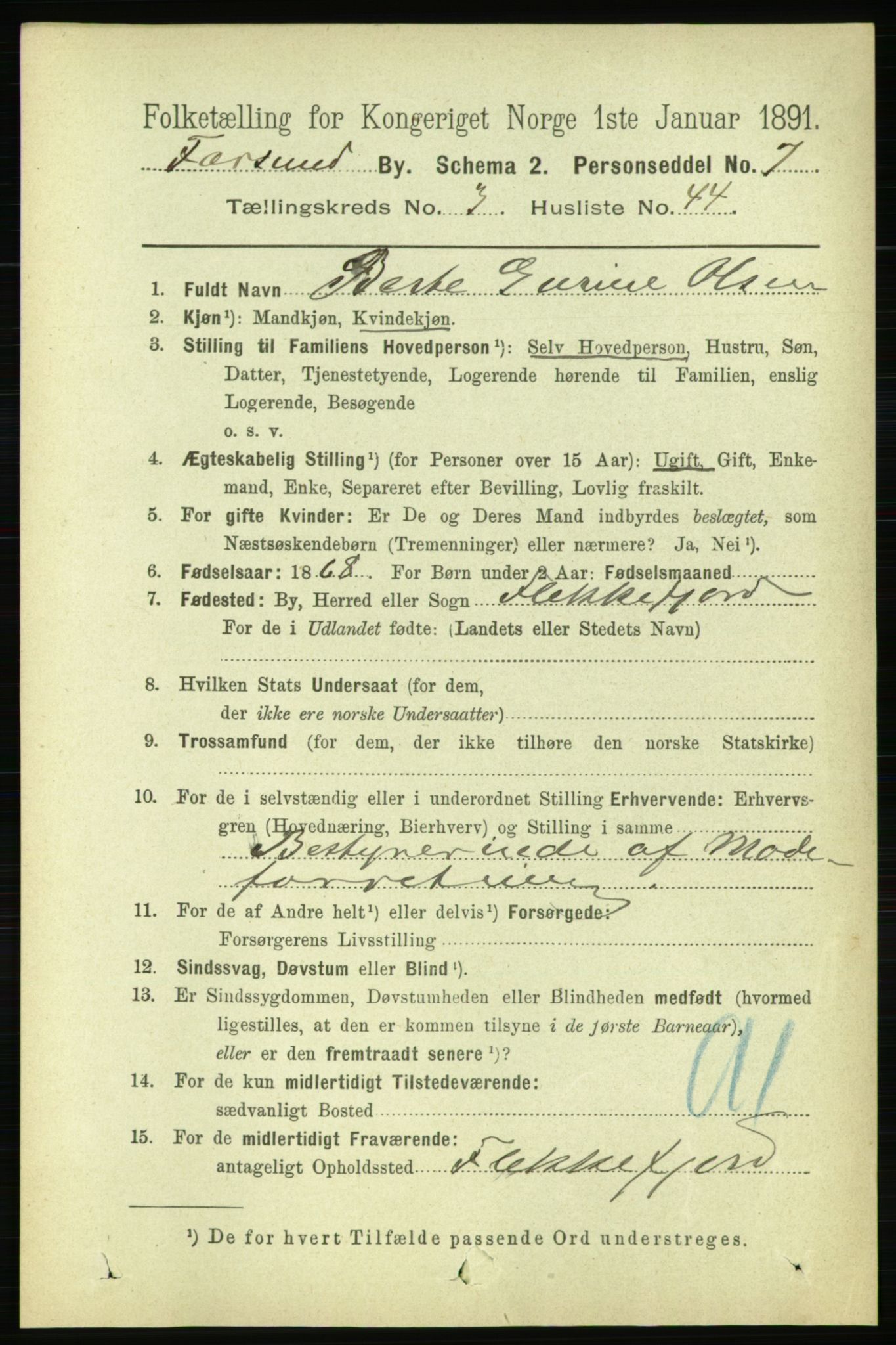 RA, 1891 census for 1003 Farsund, 1891, p. 1640