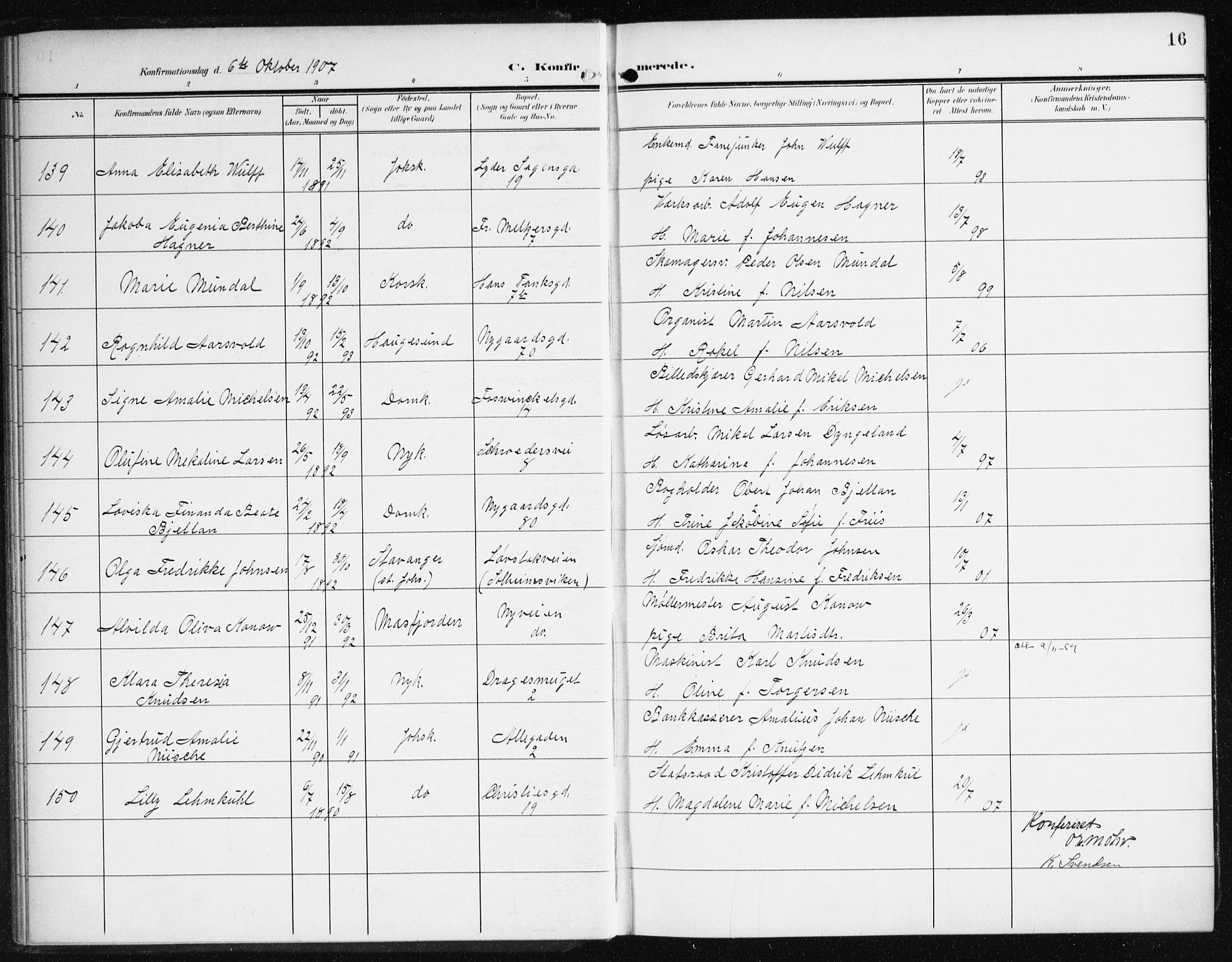 Johanneskirken Sokneprestembete, SAB/A-76001/H/Haa/L0009: Parish register (official) no. C 2, 1907-1924, p. 16