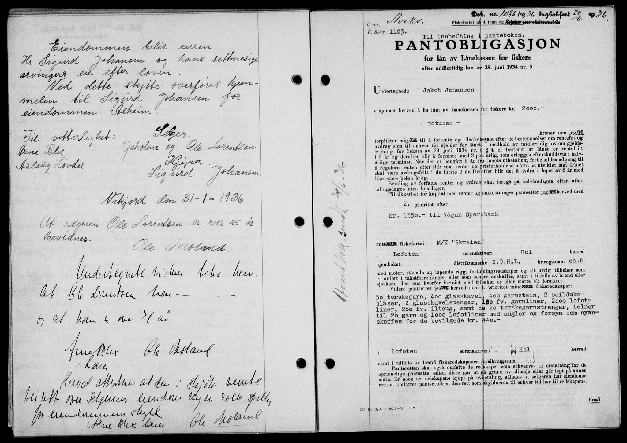 Lofoten sorenskriveri, SAT/A-0017/1/2/2C/L0033b: Mortgage book no. 33b, 1936-1936, Diary no: : 1026/1936