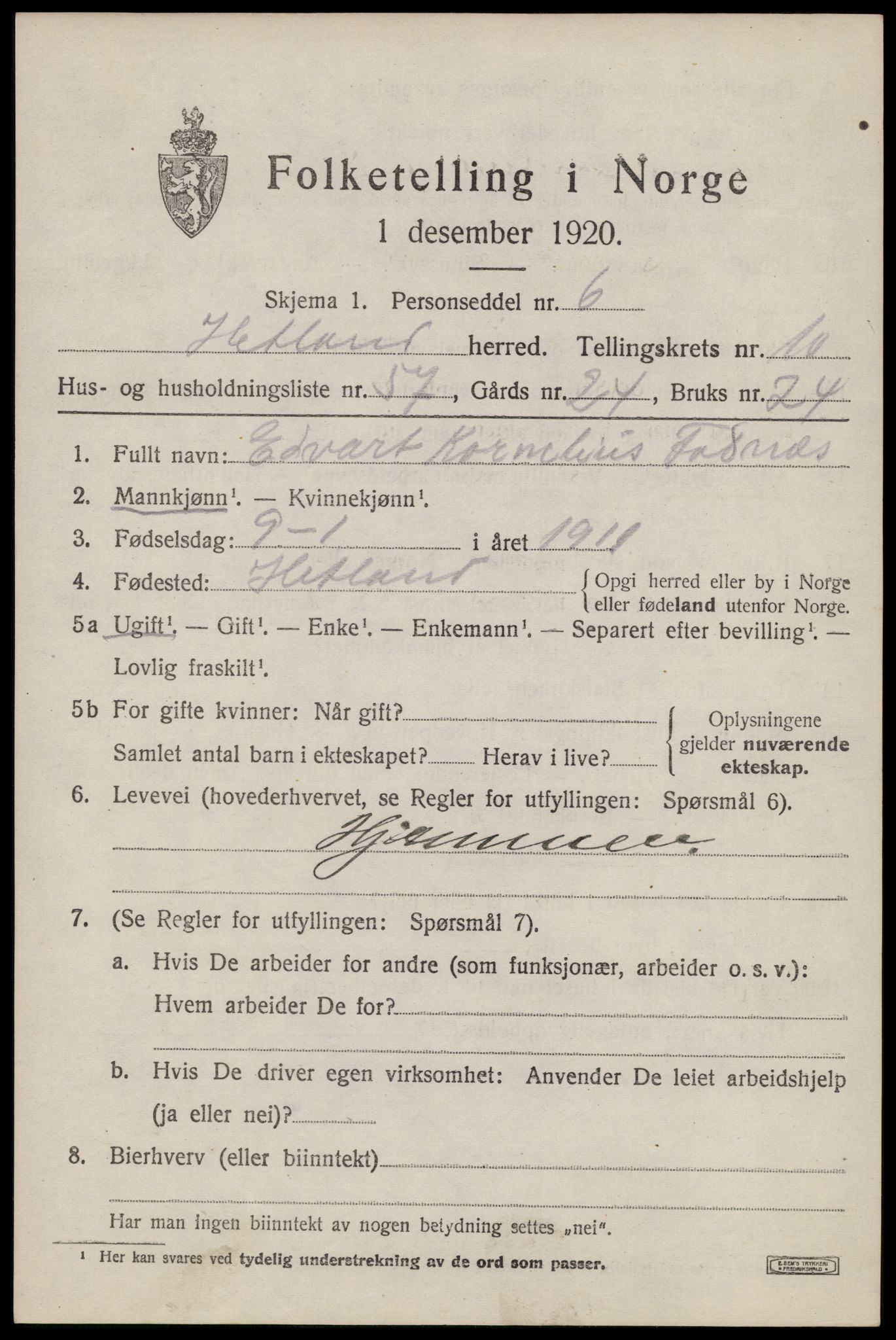 SAST, 1920 census for Hetland, 1920, p. 19731
