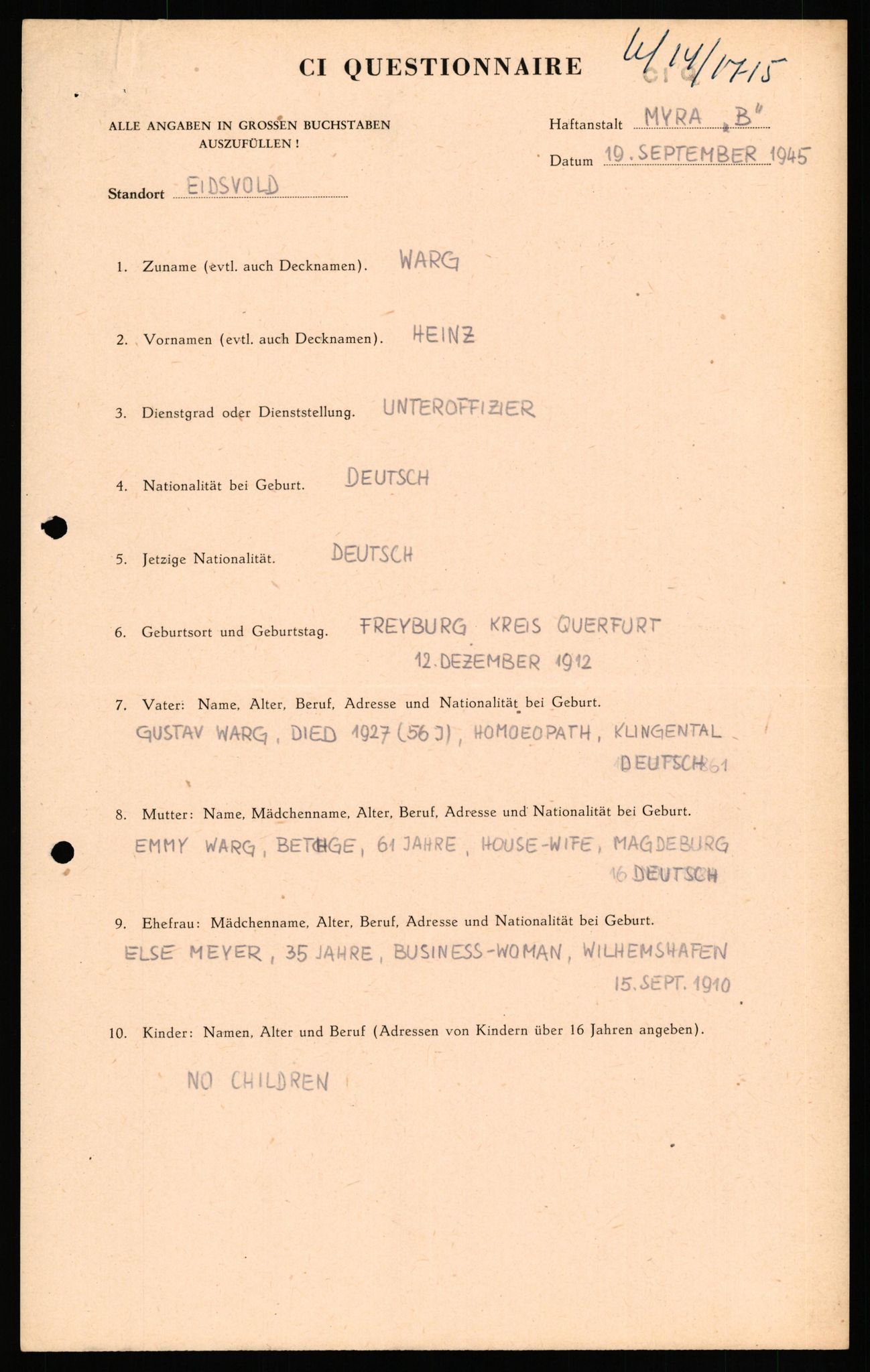 Forsvaret, Forsvarets overkommando II, AV/RA-RAFA-3915/D/Db/L0034: CI Questionaires. Tyske okkupasjonsstyrker i Norge. Tyskere., 1945-1946, p. 460