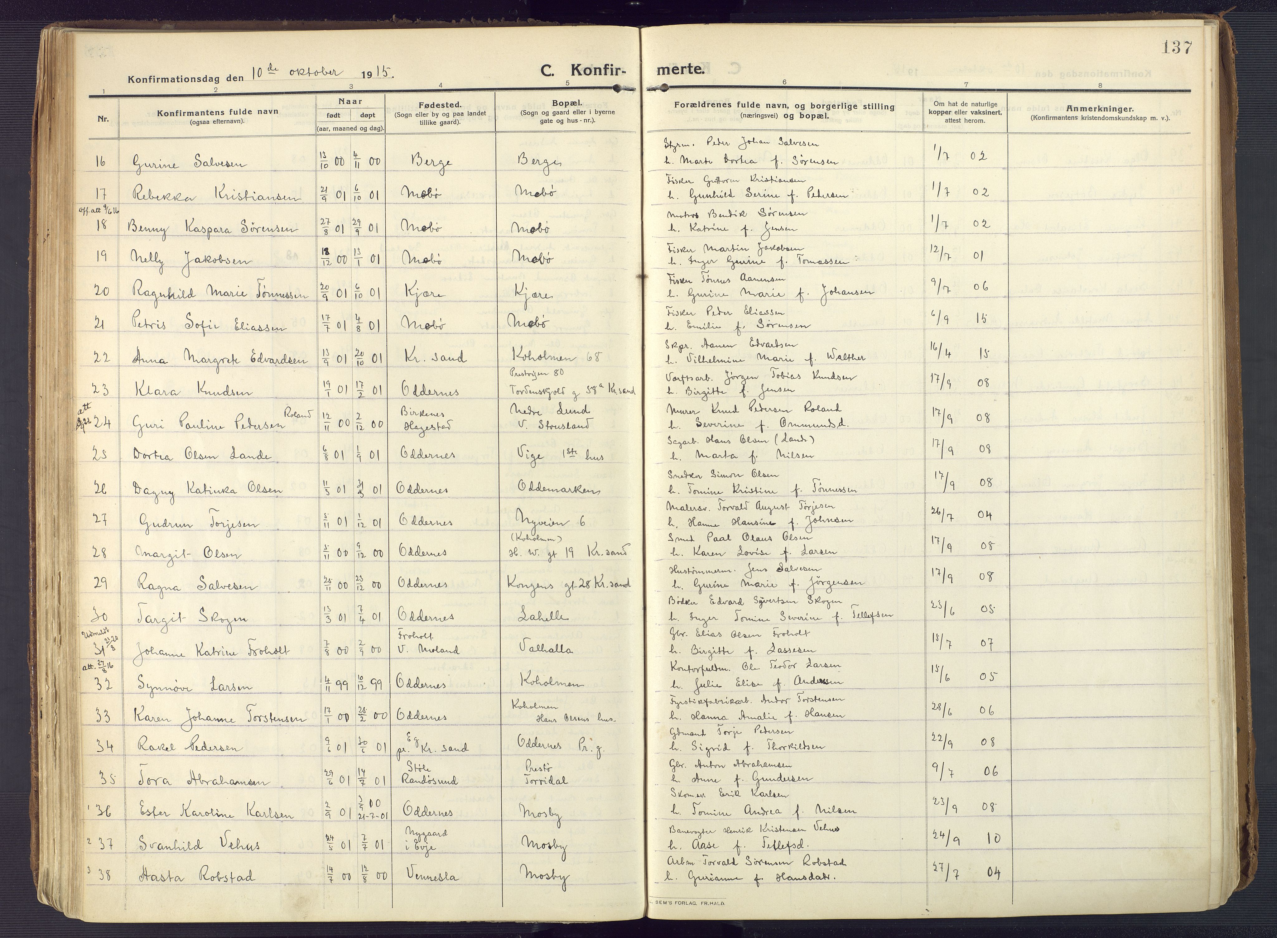 Oddernes sokneprestkontor, AV/SAK-1111-0033/F/Fa/Faa/L0012: Parish register (official) no. A 12, 1912-1925, p. 137