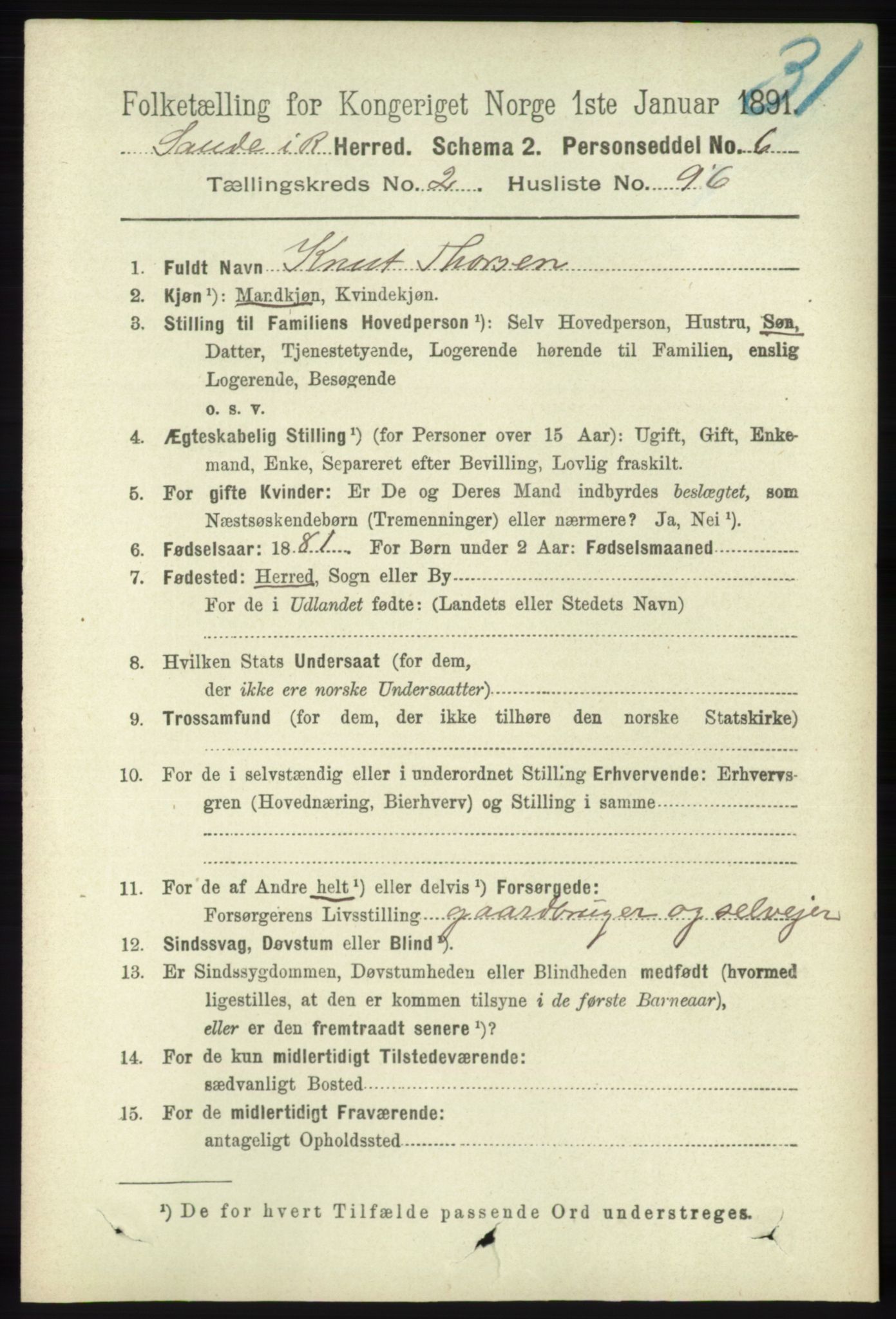 RA, 1891 census for 1135 Sauda, 1891, p. 1146