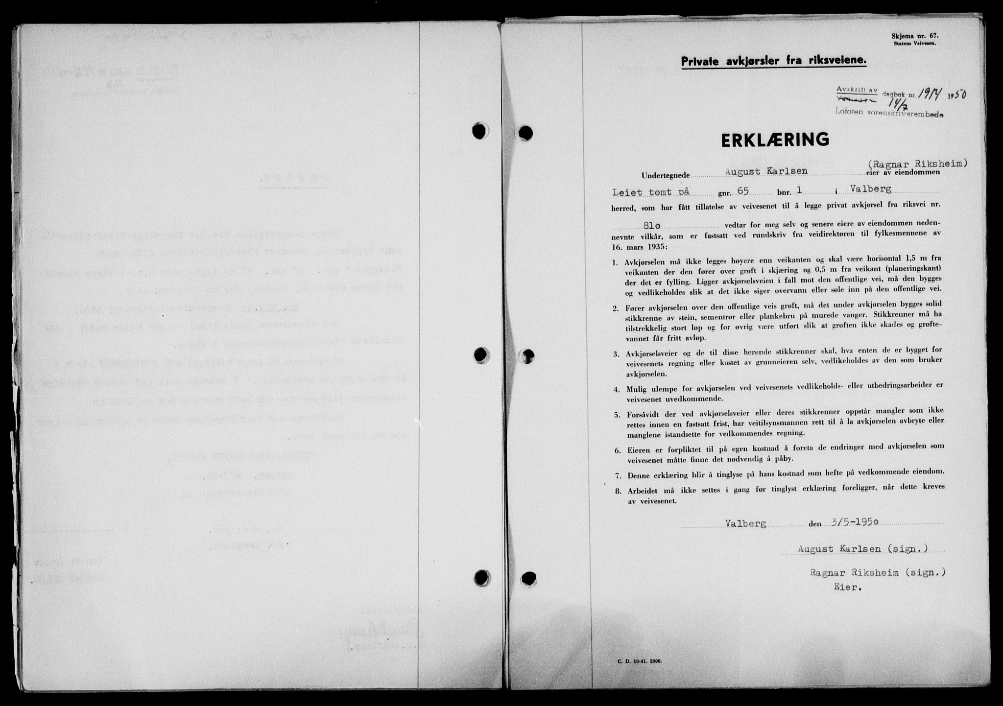 Lofoten sorenskriveri, SAT/A-0017/1/2/2C/L0024a: Mortgage book no. 24a, 1950-1950, Diary no: : 1914/1950
