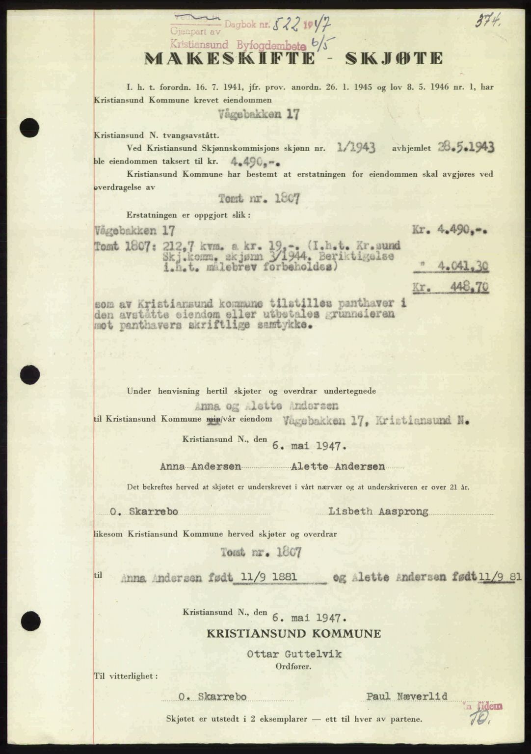 Kristiansund byfogd, AV/SAT-A-4587/A/27: Mortgage book no. 39b, 1946-1947, Diary no: : 522/1947