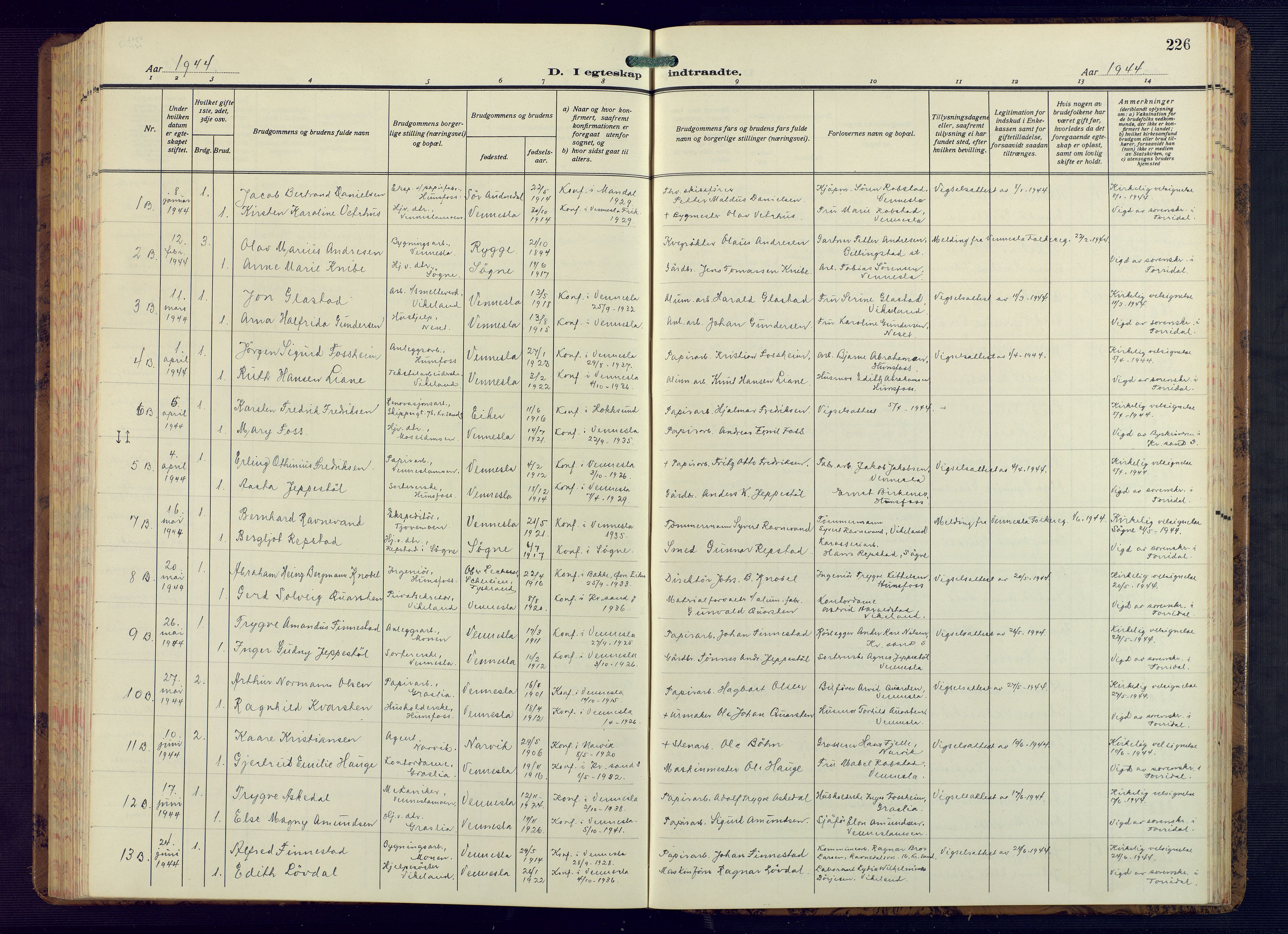 Vennesla sokneprestkontor, AV/SAK-1111-0045/Fb/Fbb/L0008: Parish register (copy) no. B 8, 1934-1947, p. 226