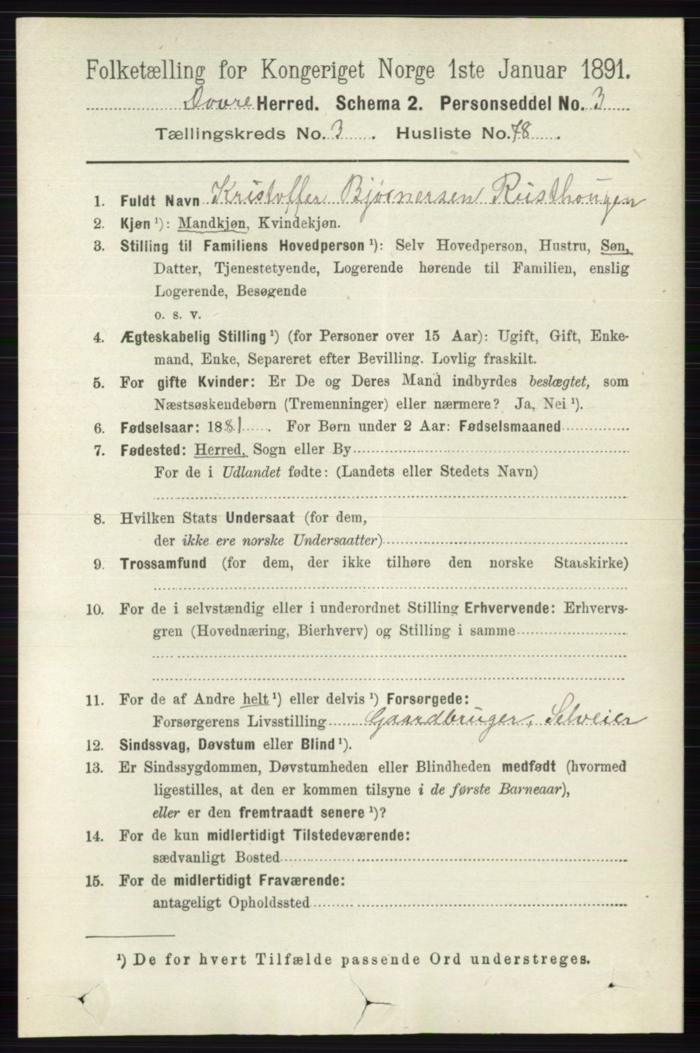 RA, 1891 census for 0511 Dovre, 1891, p. 1809