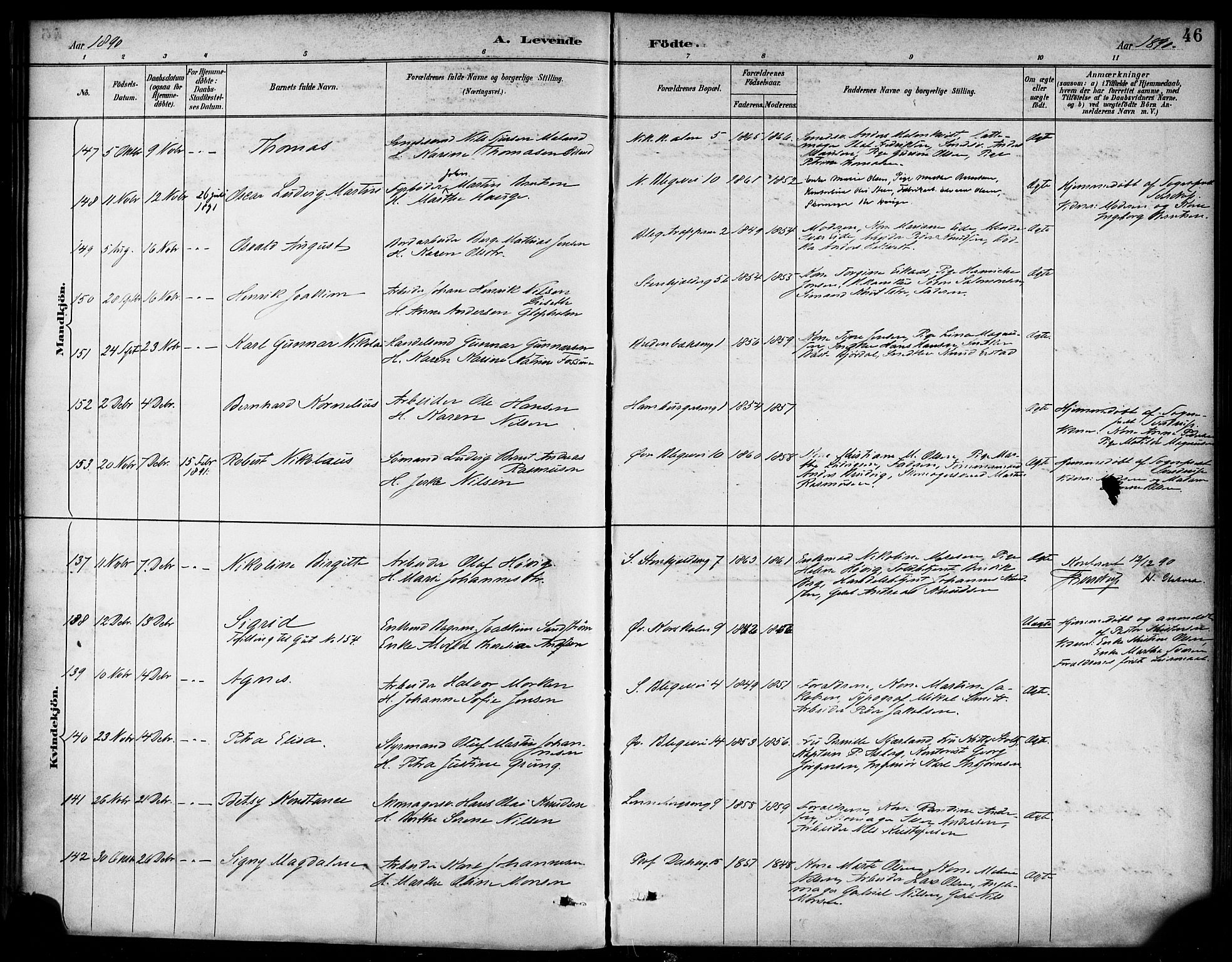 Korskirken sokneprestembete, AV/SAB-A-76101/H/Haa/L0022: Parish register (official) no. B 8, 1889-1899, p. 46