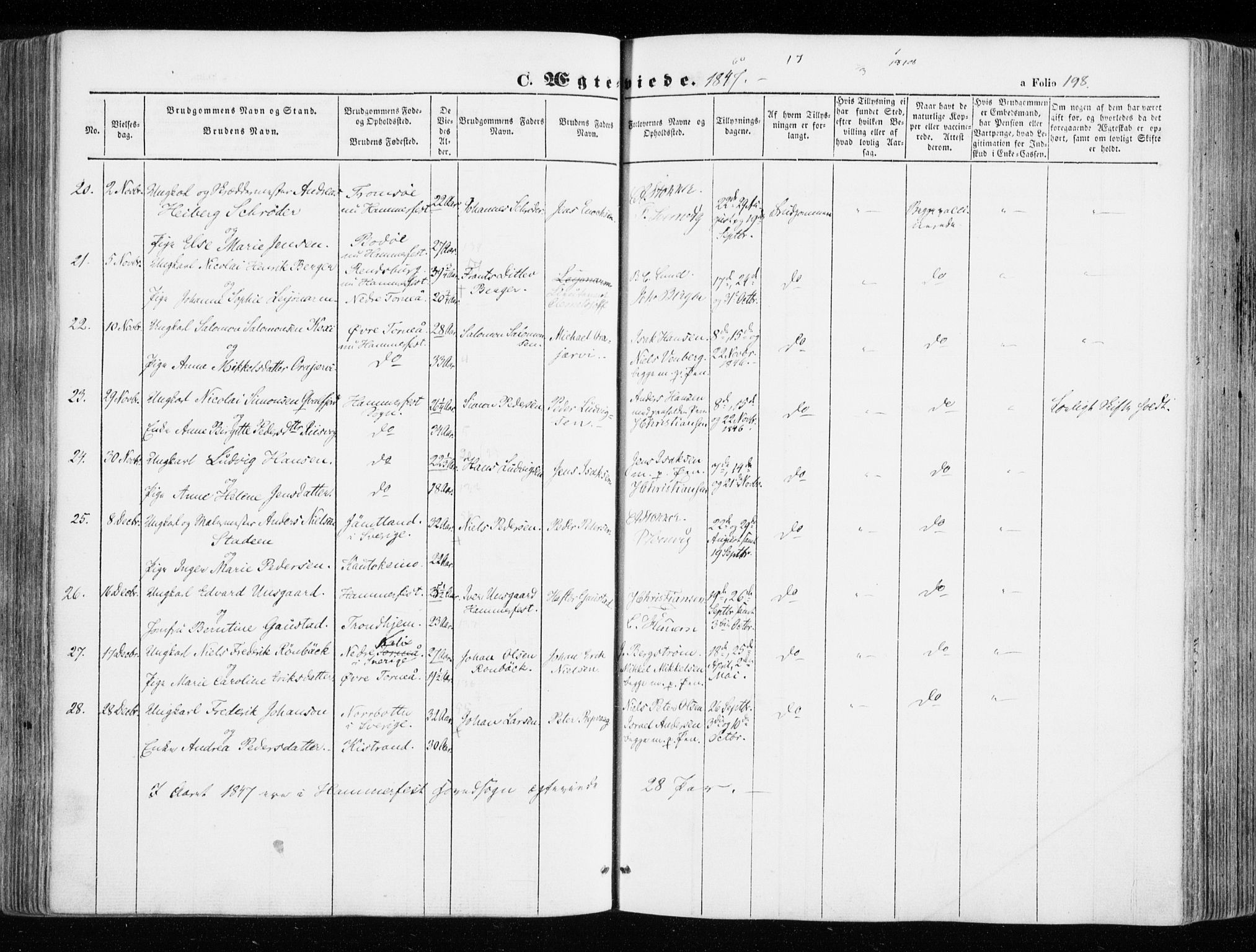 Hammerfest sokneprestkontor, SATØ/S-1347/H/Ha/L0004.kirke: Parish register (official) no. 4, 1843-1856, p. 198