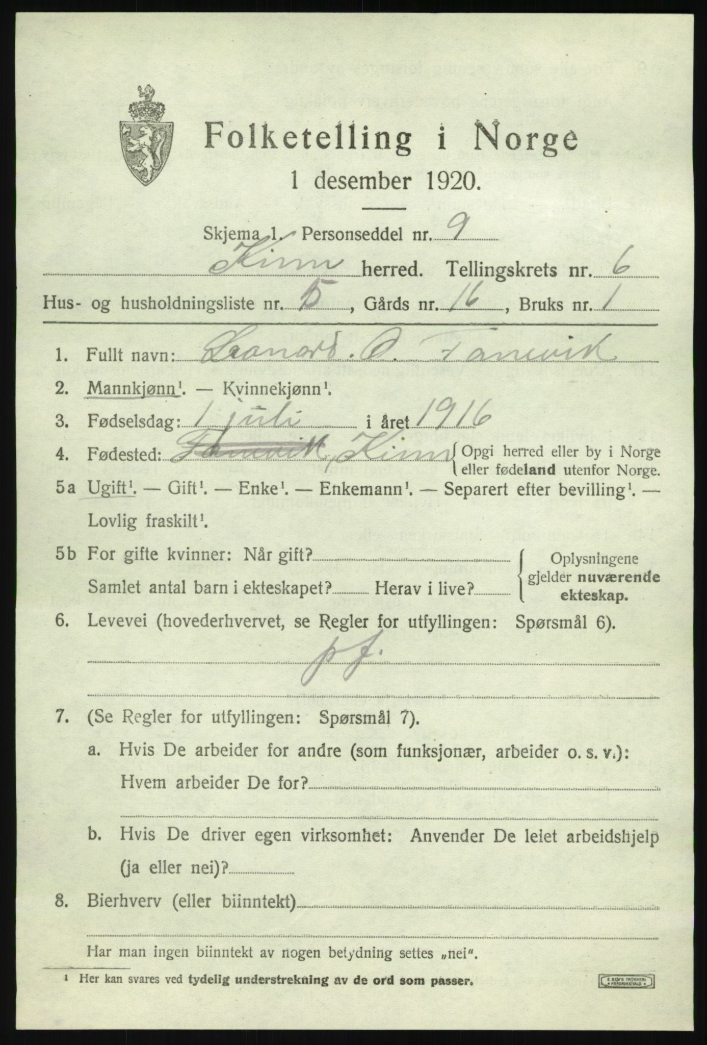 SAB, 1920 census for Kinn, 1920, p. 2815