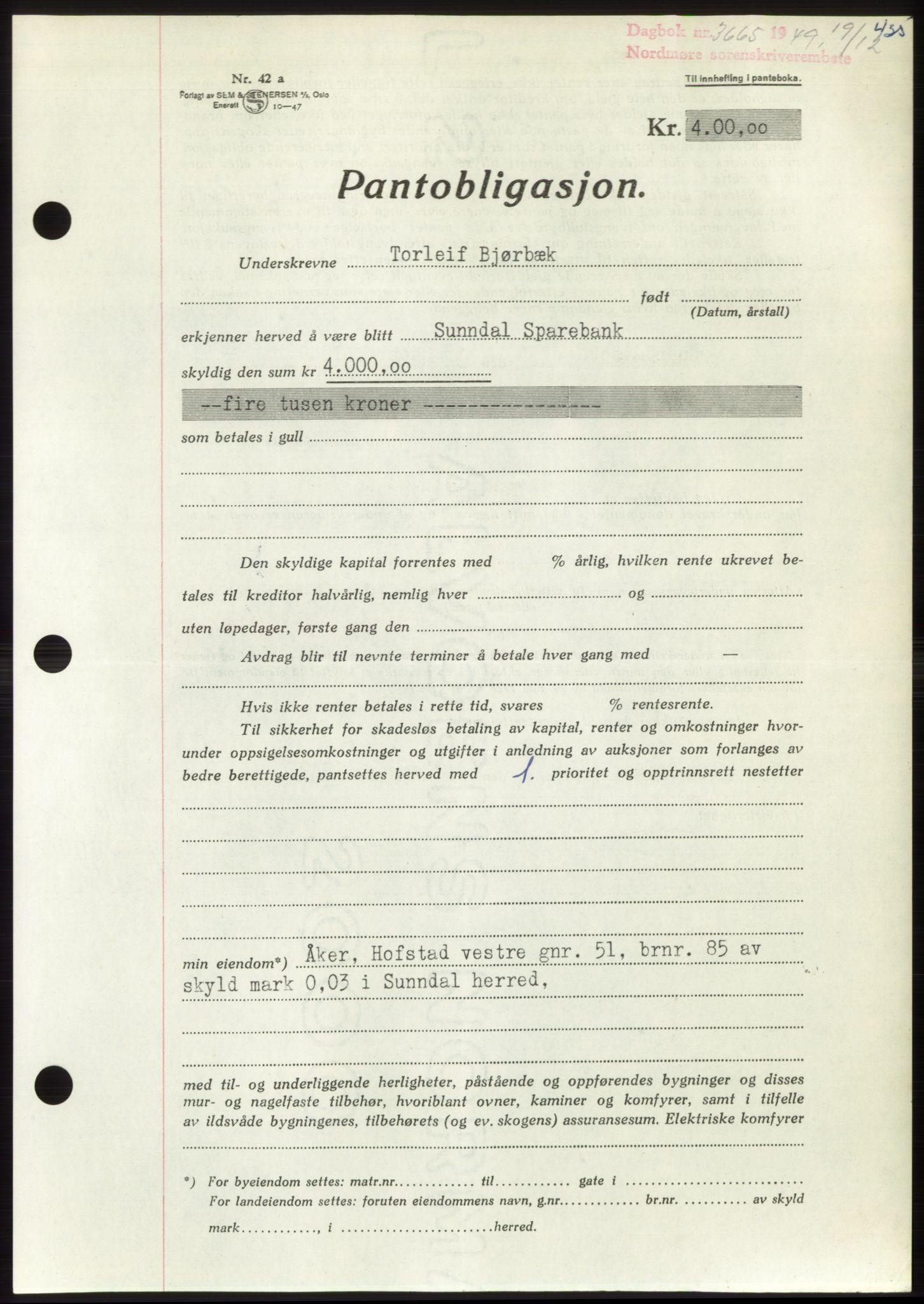 Nordmøre sorenskriveri, AV/SAT-A-4132/1/2/2Ca: Mortgage book no. B103, 1949-1950, Diary no: : 3665/1949