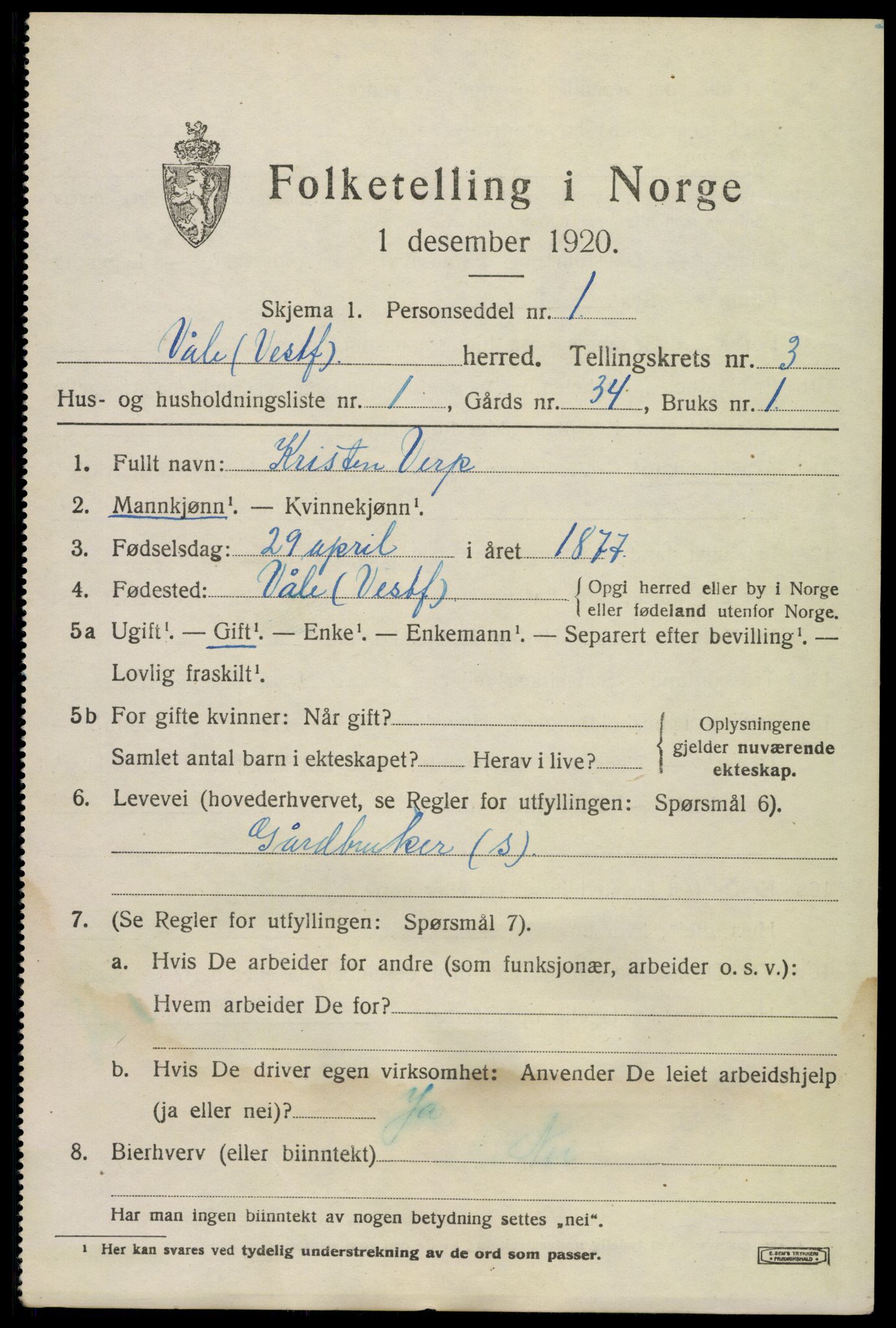 SAKO, 1920 census for Våle, 1920, p. 2294