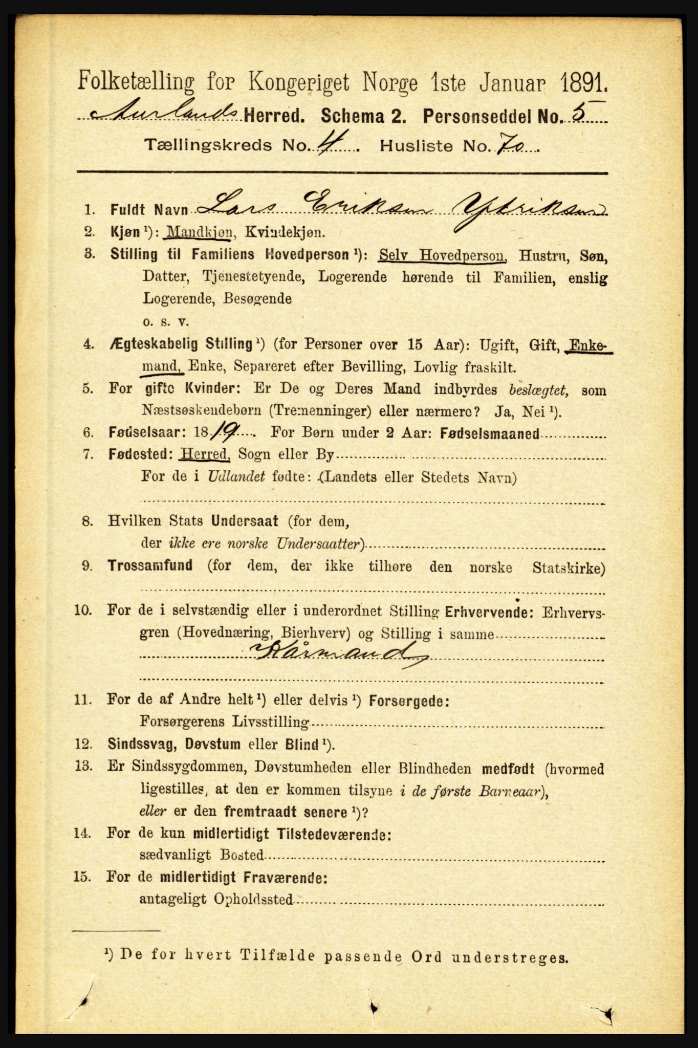 RA, 1891 census for 1421 Aurland, 1891, p. 1700