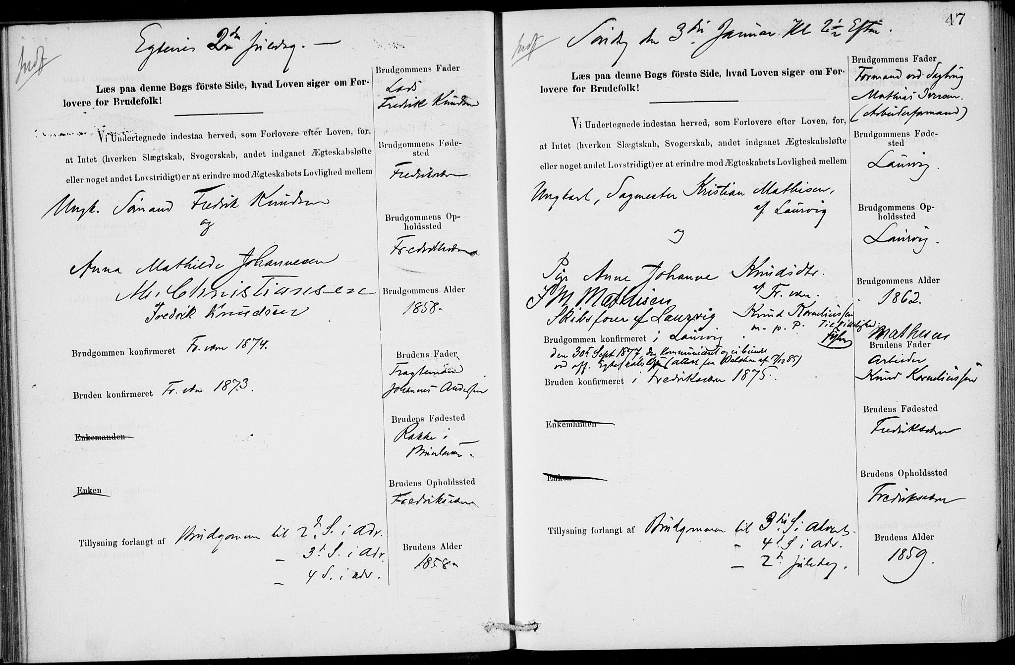 Stavern kirkebøker, SAKO/A-318/H/Ha/L0001: Banns register no. 1, 1875-1918, p. 47