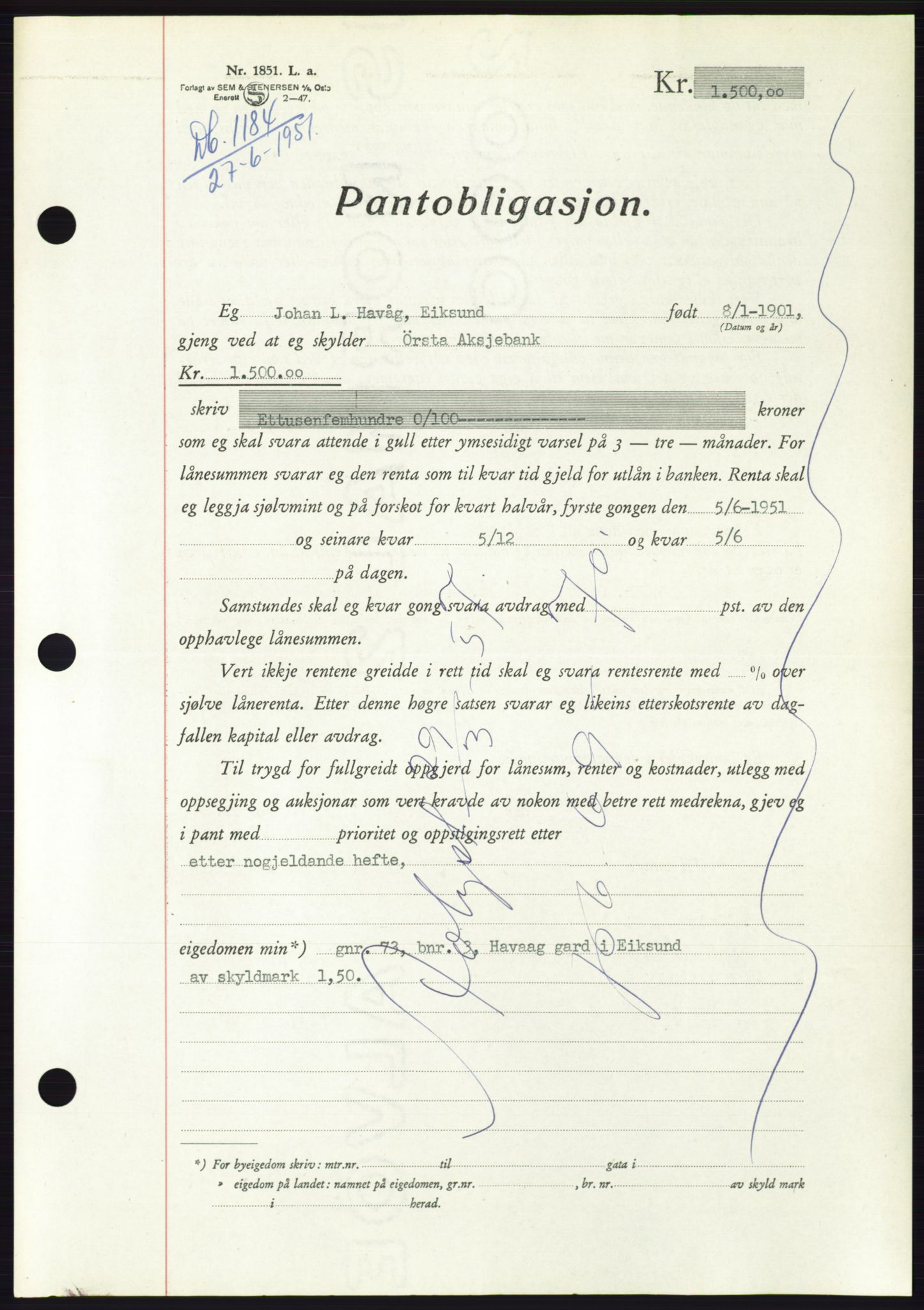 Søre Sunnmøre sorenskriveri, AV/SAT-A-4122/1/2/2C/L0120: Mortgage book no. 8B, 1951-1951, Diary no: : 1184/1951