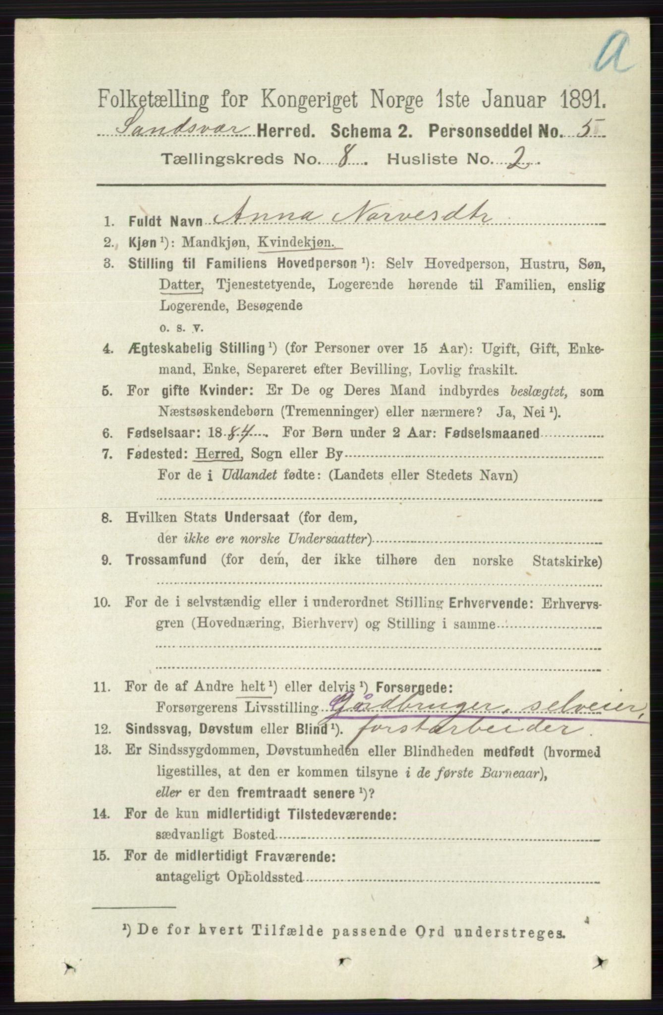 RA, 1891 census for 0629 Sandsvær, 1891, p. 4295