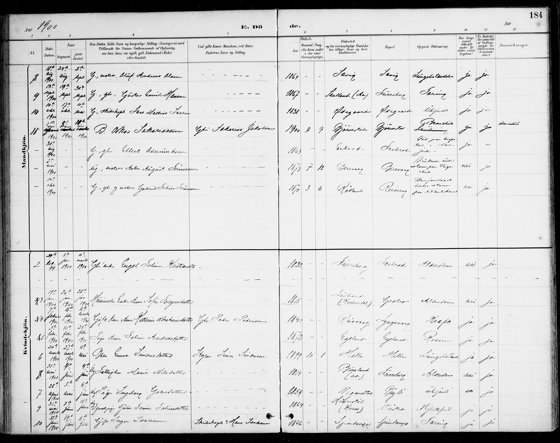 Herad sokneprestkontor, AV/SAK-1111-0018/F/Fa/Fab/L0005: Parish register (official) no. A 5, 1886-1913, p. 184