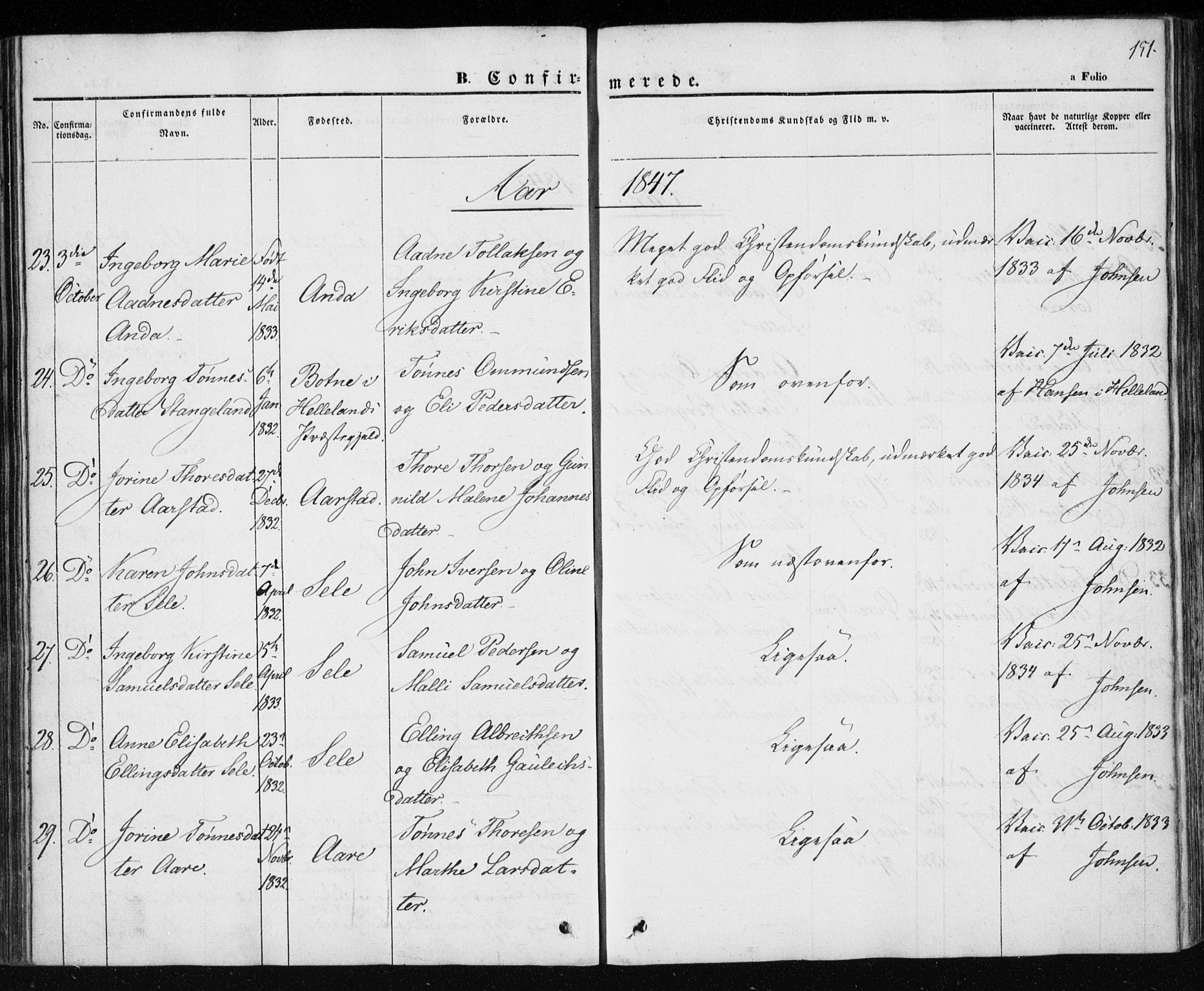 Klepp sokneprestkontor, AV/SAST-A-101803/001/3/30BA/L0004: Parish register (official) no. A 4, 1842-1852, p. 151