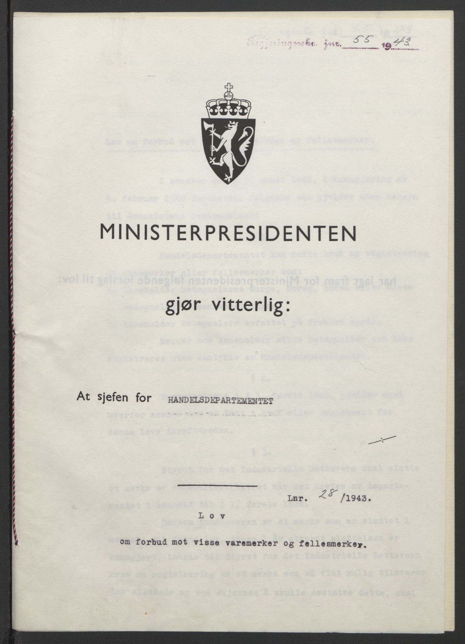 NS-administrasjonen 1940-1945 (Statsrådsekretariatet, de kommisariske statsråder mm), RA/S-4279/D/Db/L0099: Lover, 1943, p. 114
